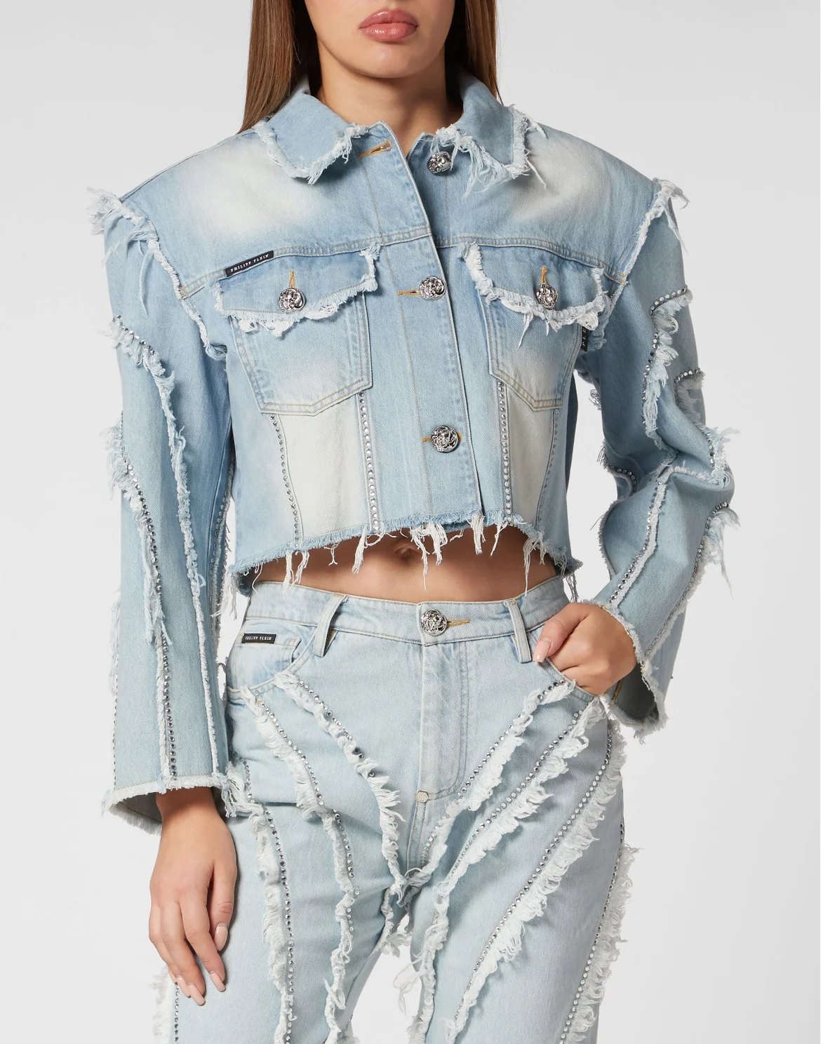 Cropped Oversize Padded Shoulder Denim Jacket, цвет: Голубой