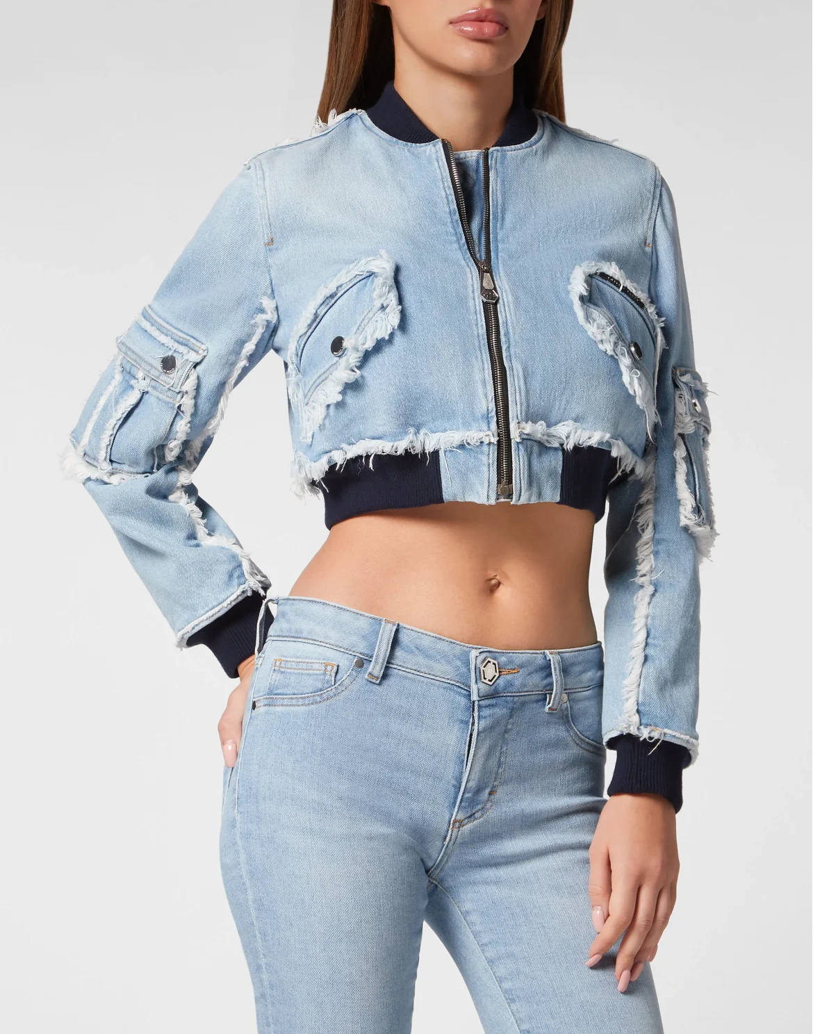 Denim Padded Shoulder Bomber, цвет: Синий