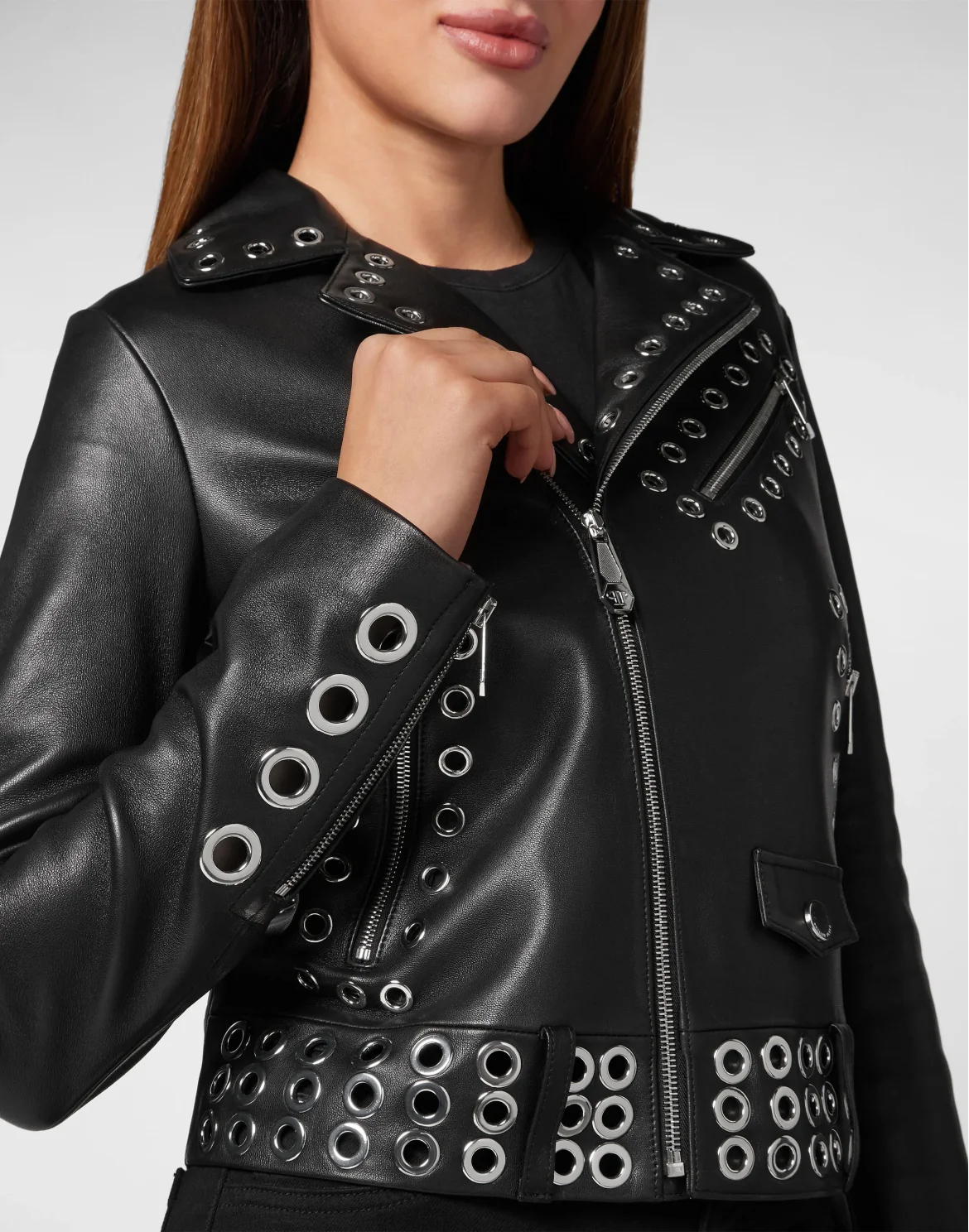 Boxy Biker Jacket Metal Rings, цвет: Черный