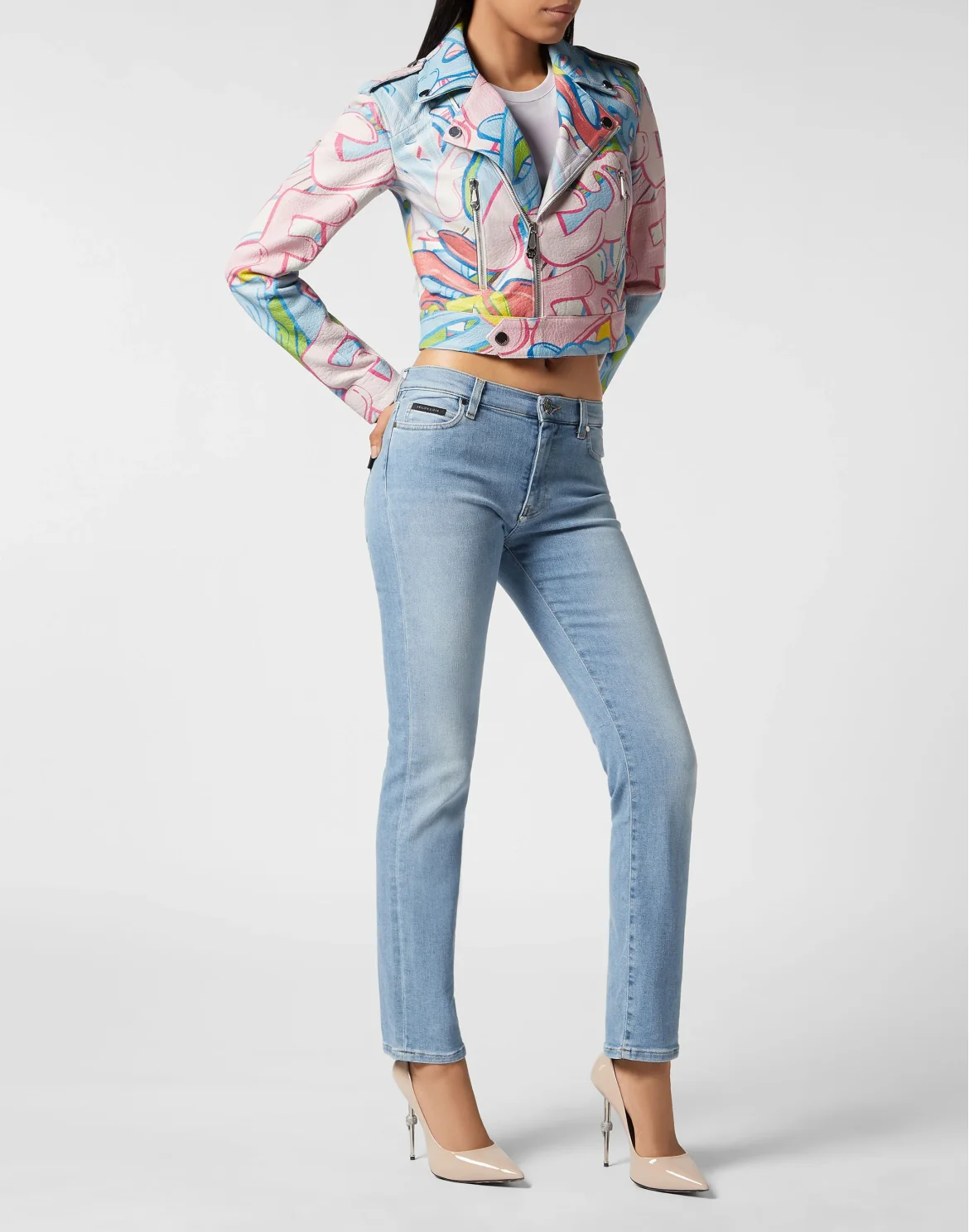 Cropped Boxy Biker Jacket Bombing Graffiti, цвет: Мультиколор