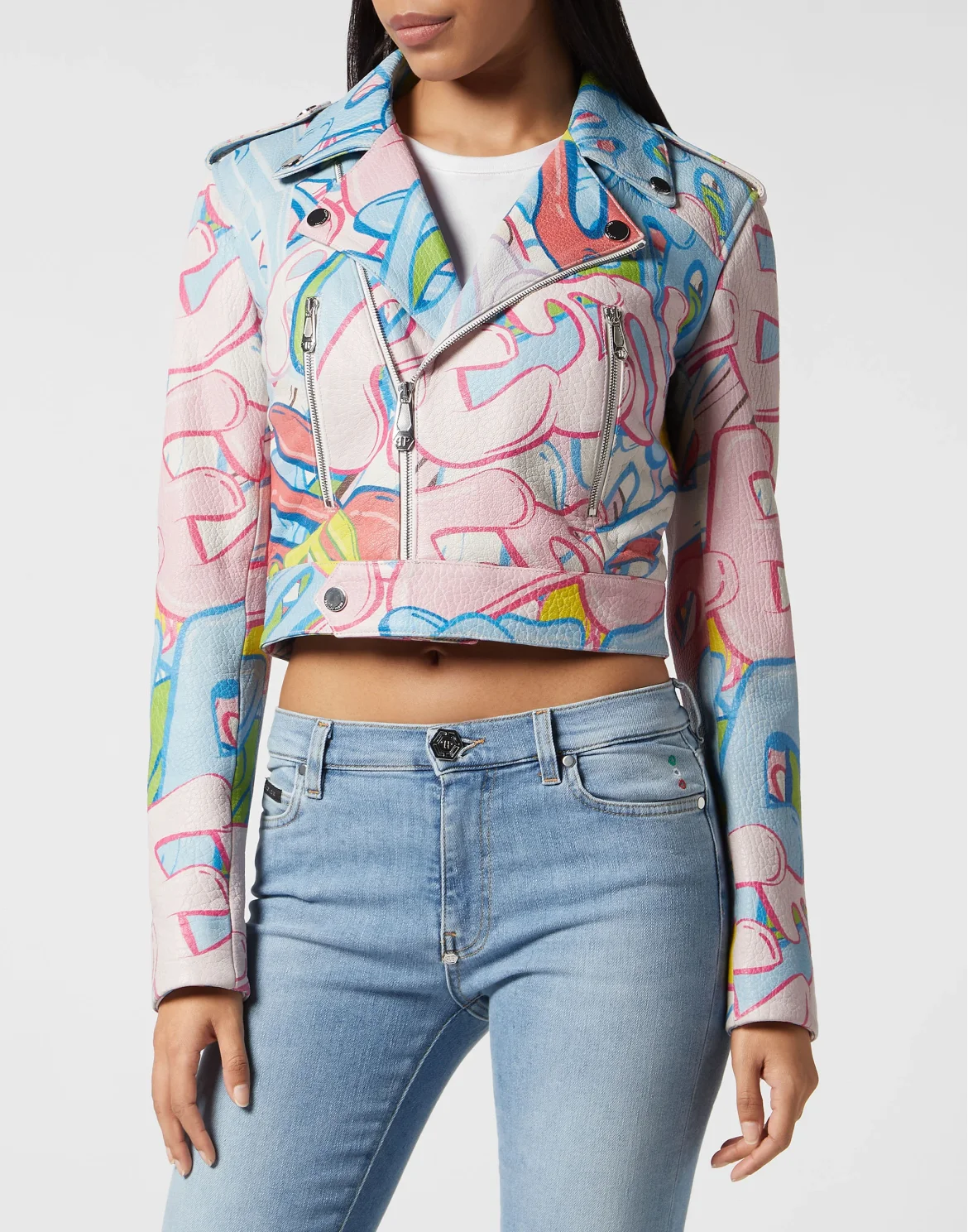 Cropped Boxy Biker Jacket Bombing Graffiti, цвет: Мультиколор