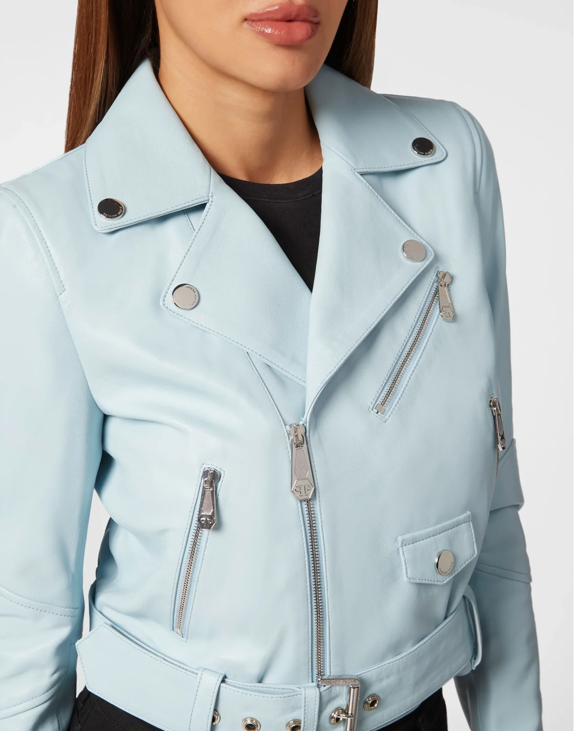 Cropped Boxy Leather Jacket, цвет: Голубой