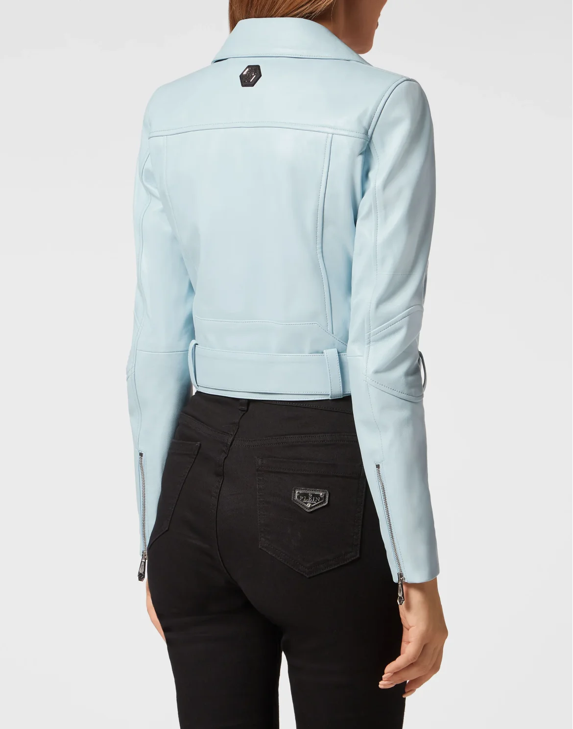 Cropped Boxy Leather Jacket, цвет: Голубой