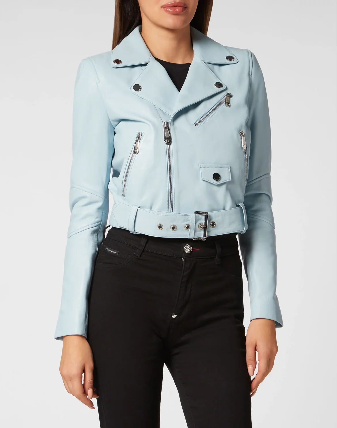 Cropped Boxy Leather Jacket, цвет: Голубой