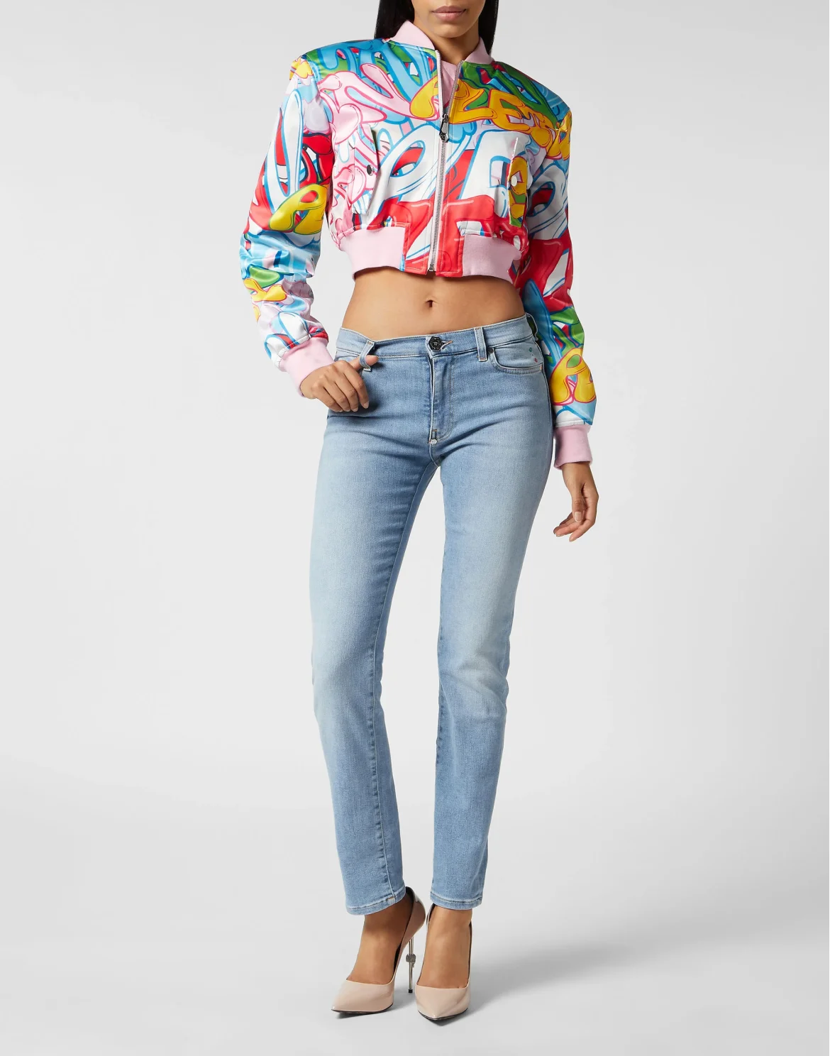 Satin Cropped Bomber Bombing Graffiti, цвет: Мультиколор