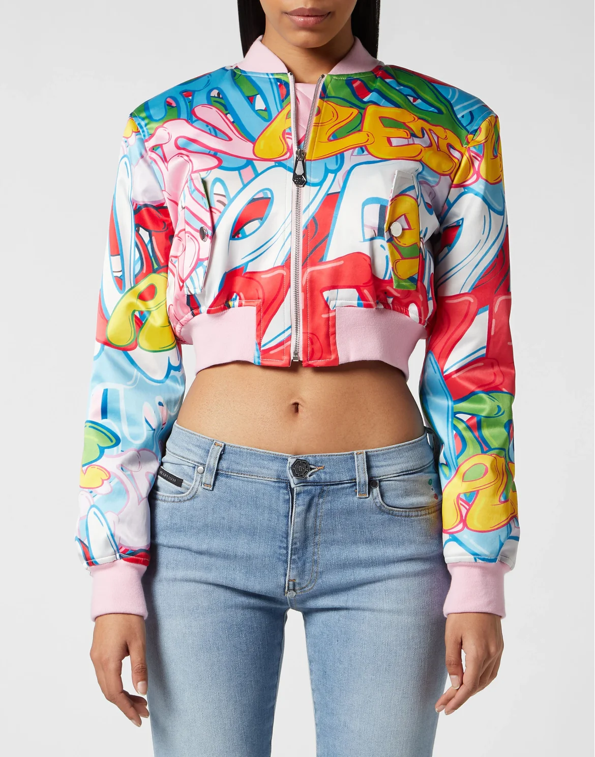 Satin Cropped Bomber Bombing Graffiti, цвет: Мультиколор