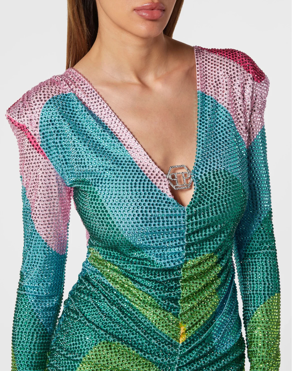 Padded Shoulder Mini Dress LS with Crystals Rainbow Stripes, цвет: Мультиколор