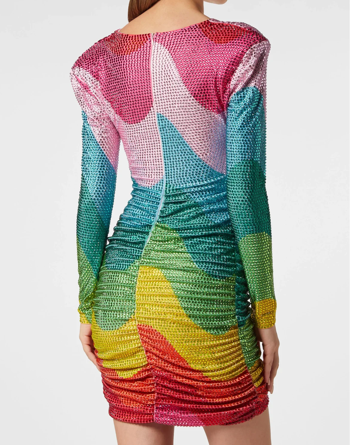 Padded Shoulder Mini Dress LS with Crystals Rainbow Stripes, цвет: Мультиколор