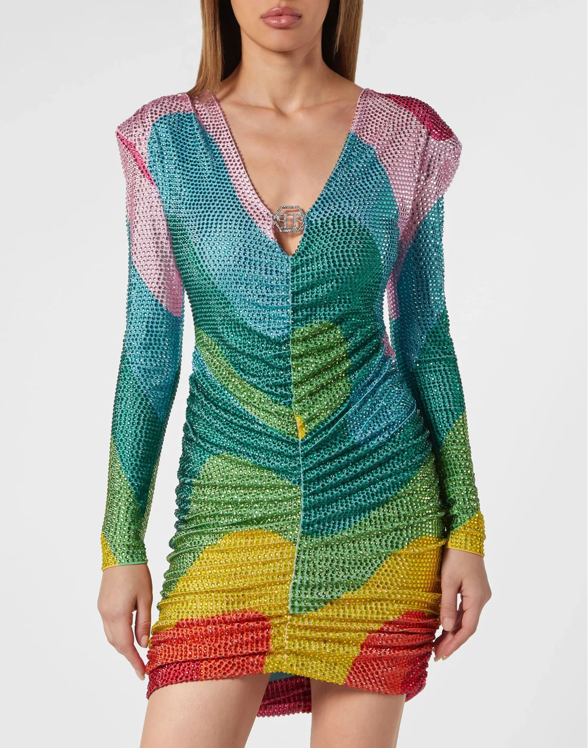Padded Shoulder Mini Dress LS with Crystals Rainbow Stripes, цвет: Мультиколор
