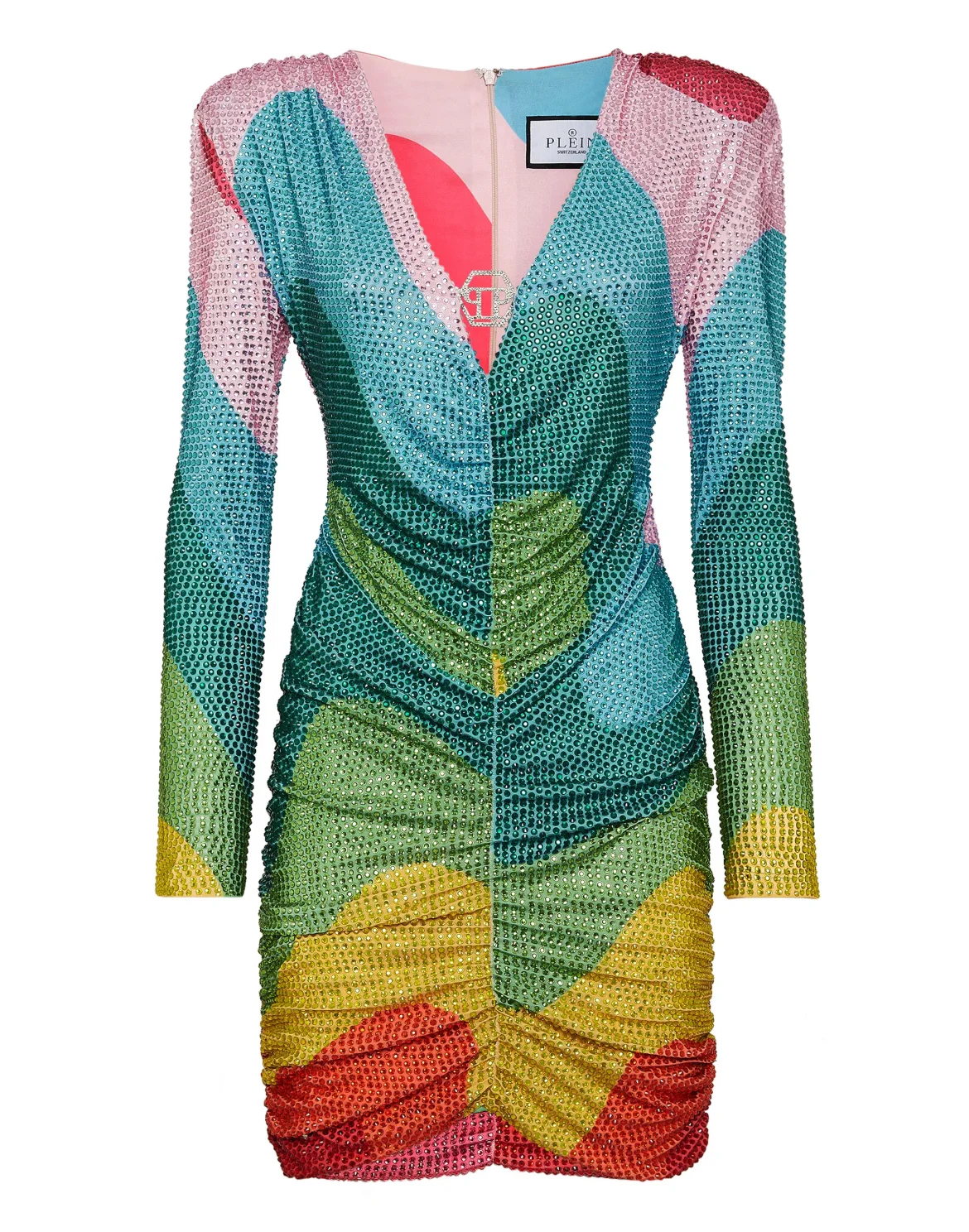 Padded Shoulder Mini Dress LS with Crystals Rainbow Stripes, цвет: Мультиколор