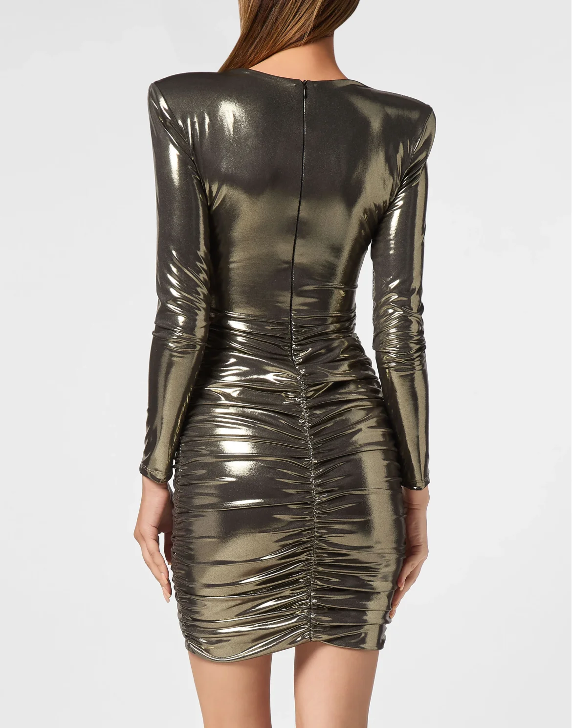 Lamé Fabric Padded Shoulder Mini Dress LS, цвет: Золотой