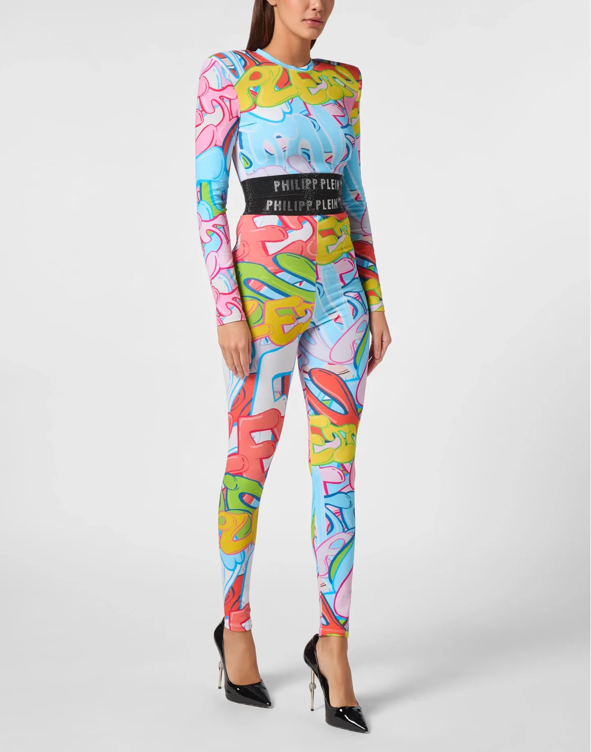 Padded Shoulder Cropped Top LS Bombing Graffiti, цвет: Мультиколор