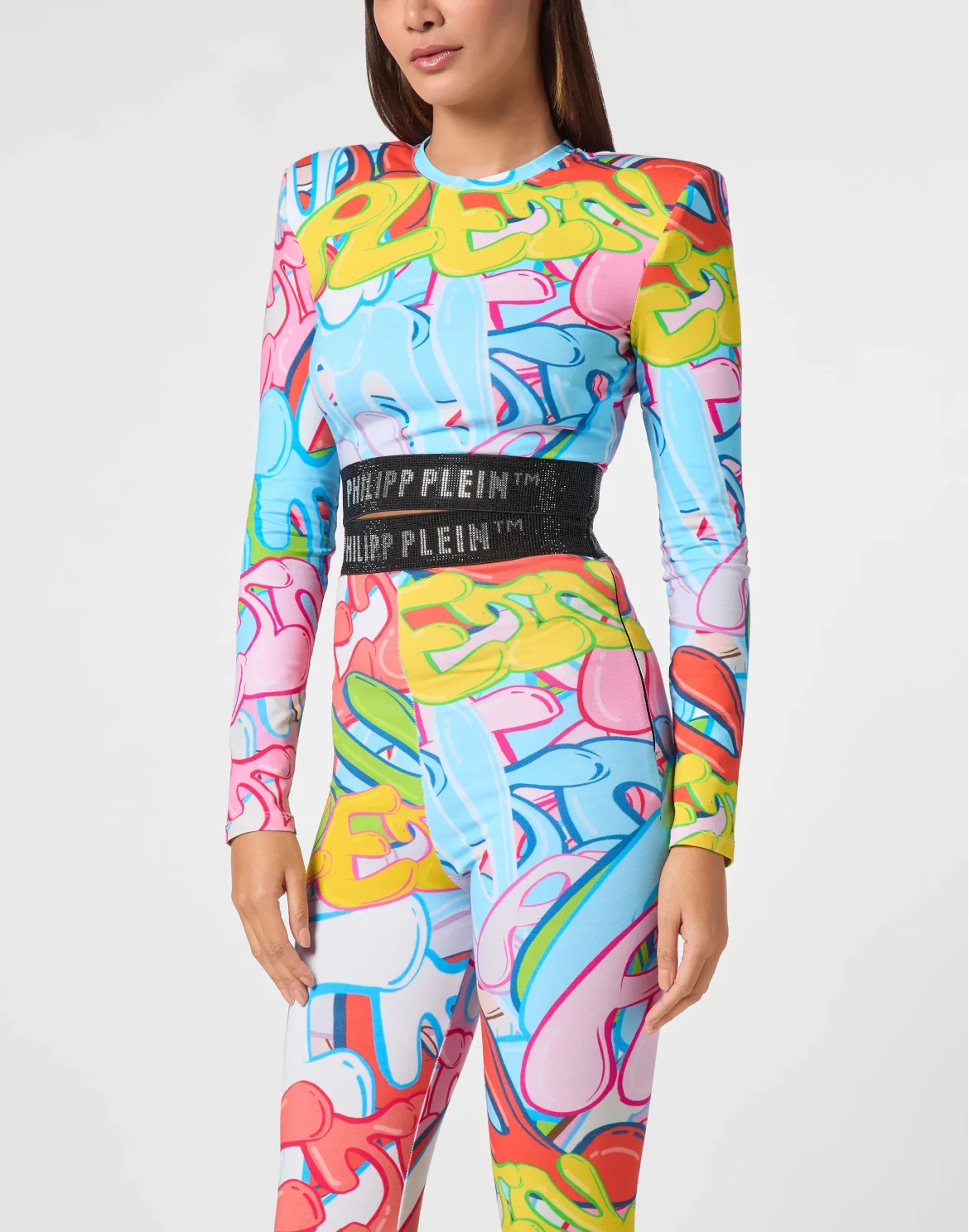 Padded Shoulder Cropped Top LS Bombing Graffiti, цвет: Мультиколор