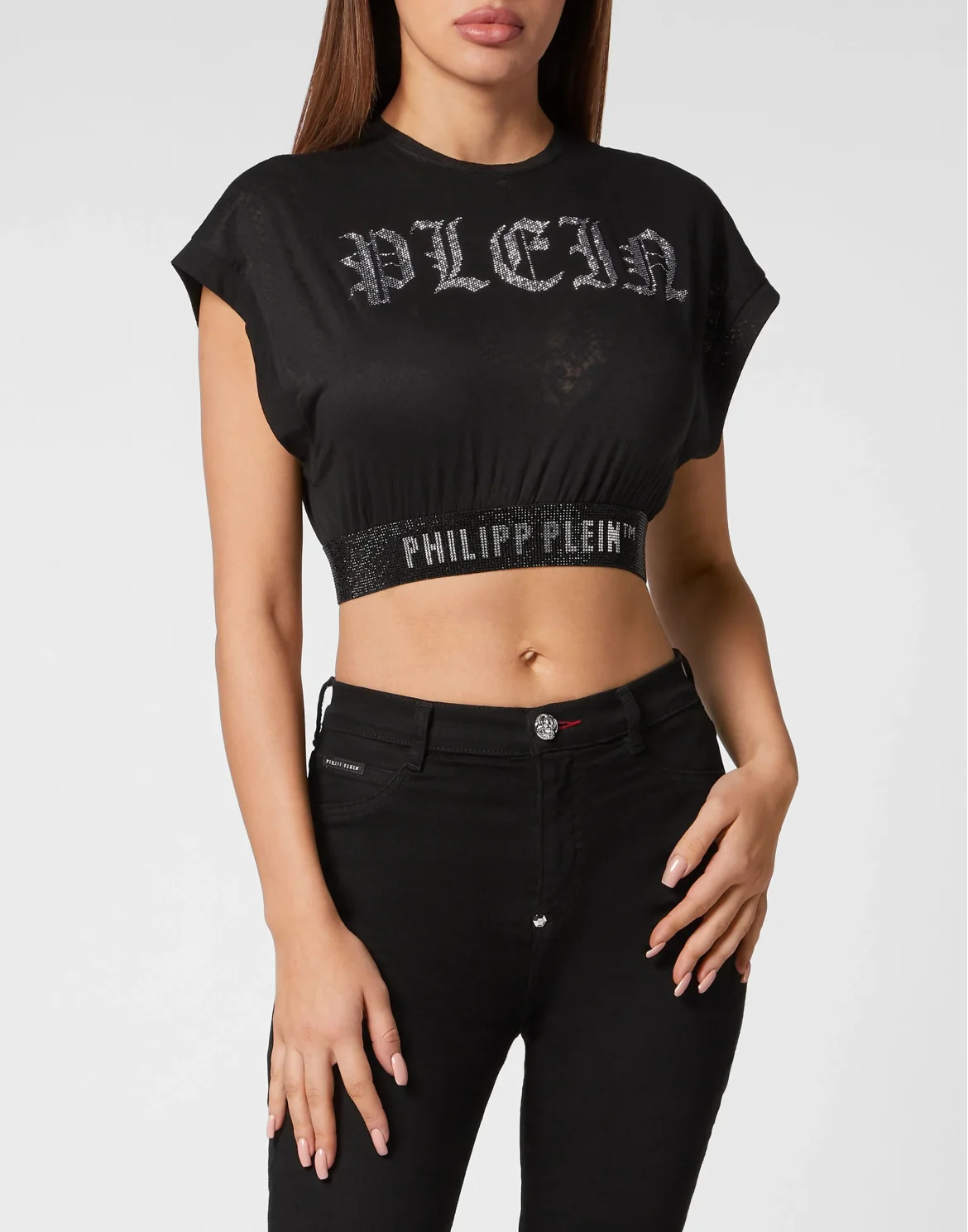 Cropped T-Shirt Gothic Plein Strass, цвет: Черный