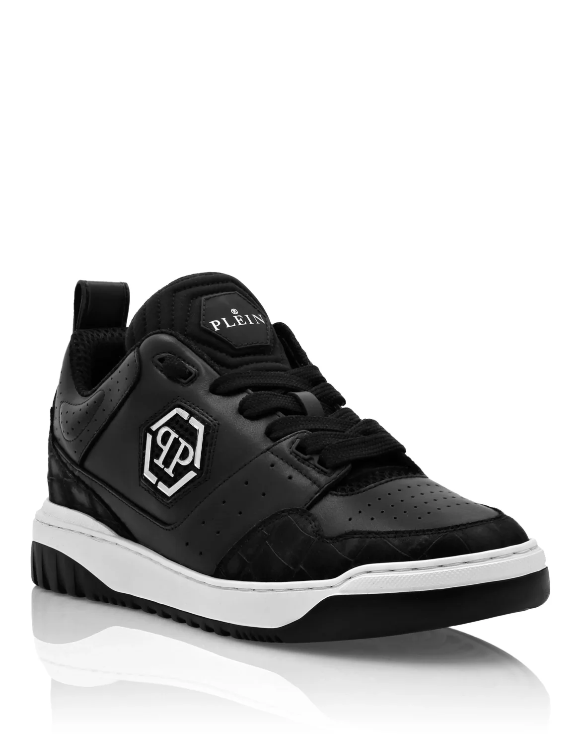 Croco Printed Leather Lo-Top Sneakers, цвет: Черный