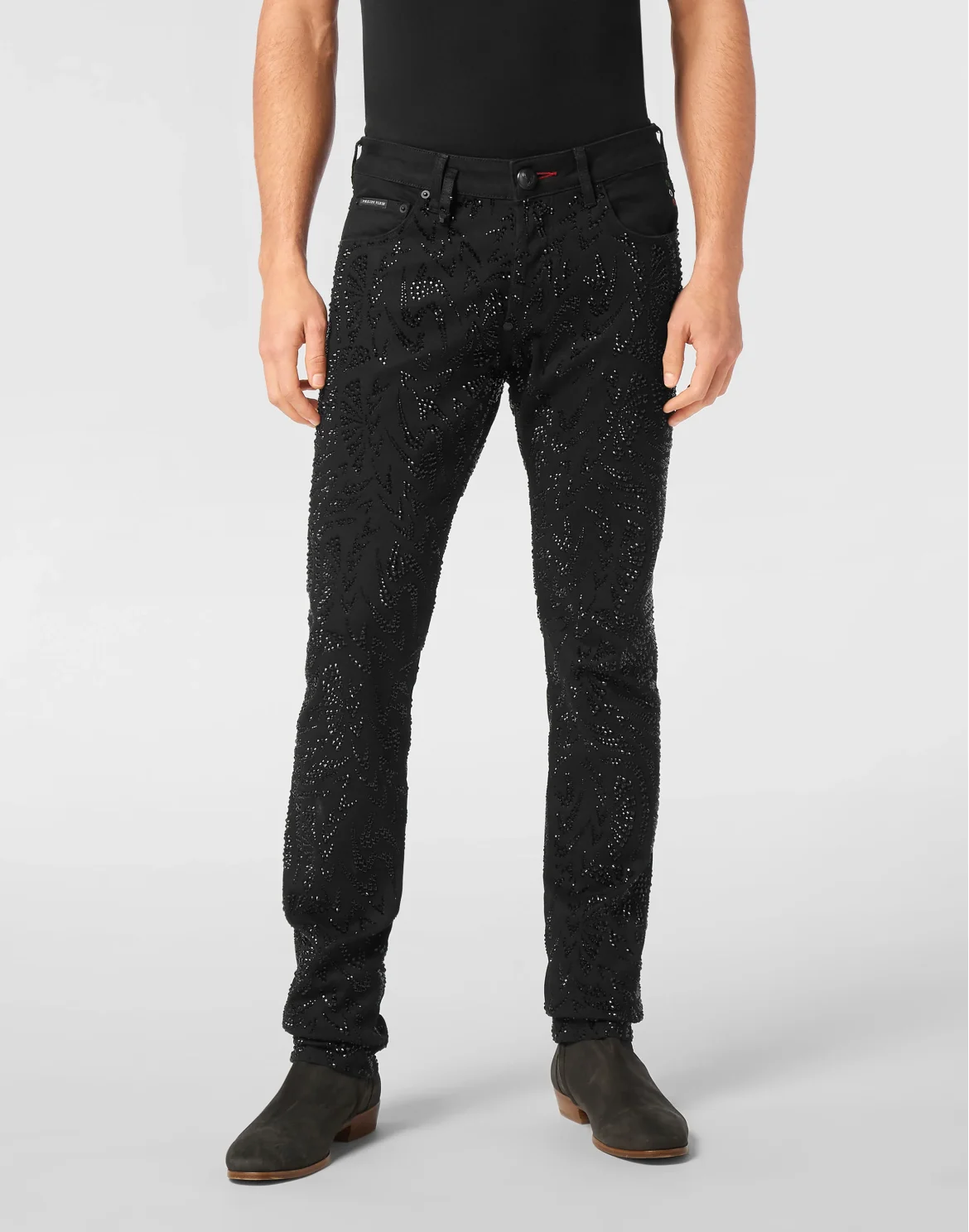 Denim Trousers Super Straight Cut Tribal Strass, цвет: Черный