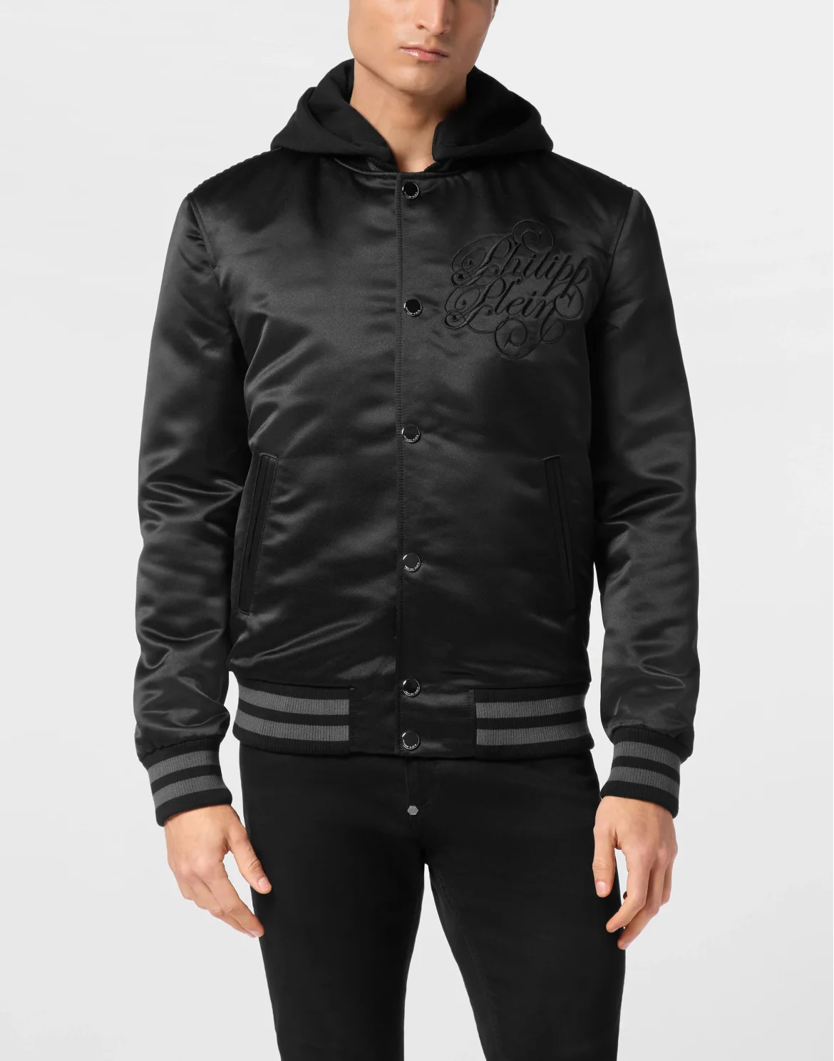 Satin Hoodie Bomber Jacket Signature, цвет: Черный