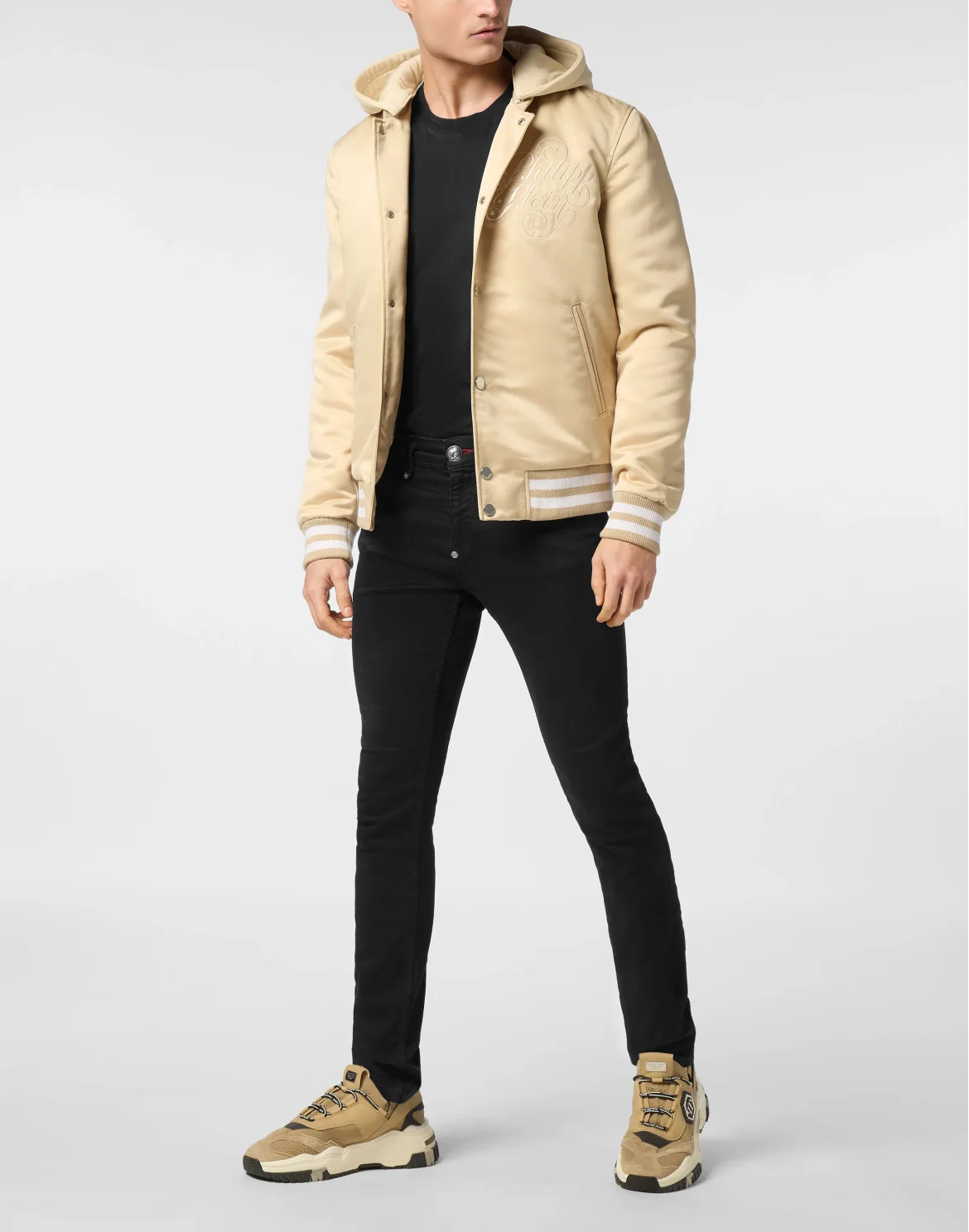 Satin Hoodie Bomber Jacket Signature, цвет: Бежевый