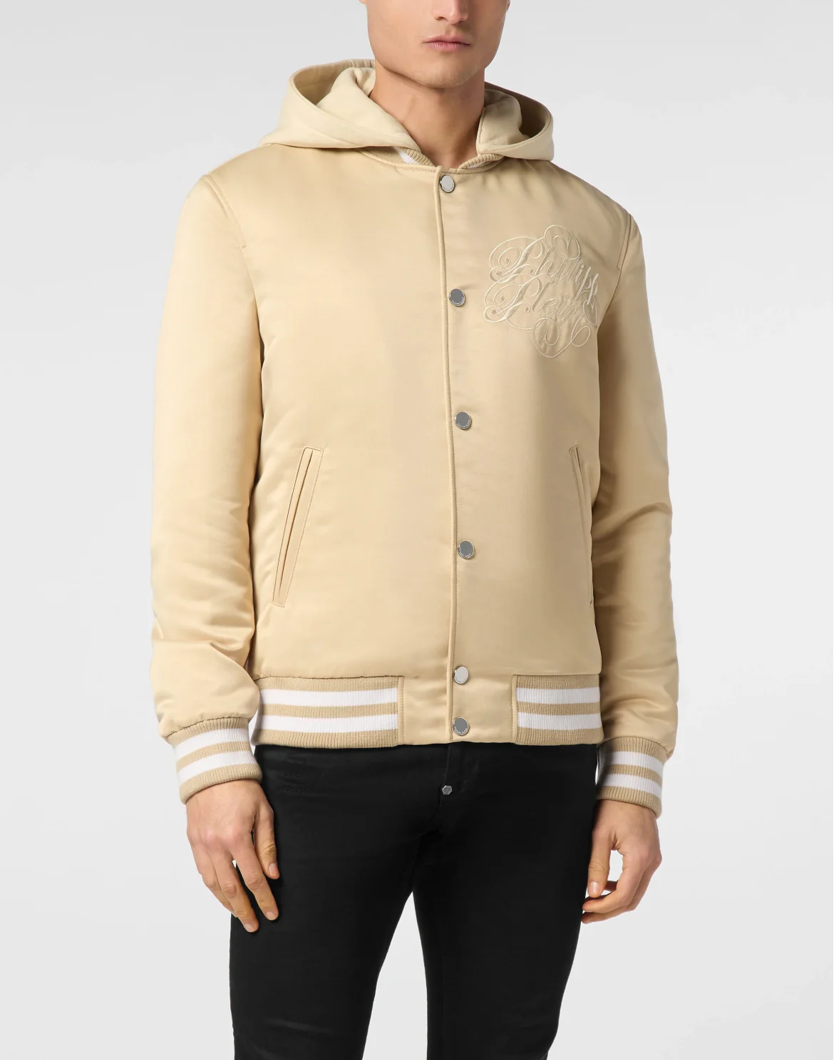 Satin Hoodie Bomber Jacket Signature, цвет: Бежевый