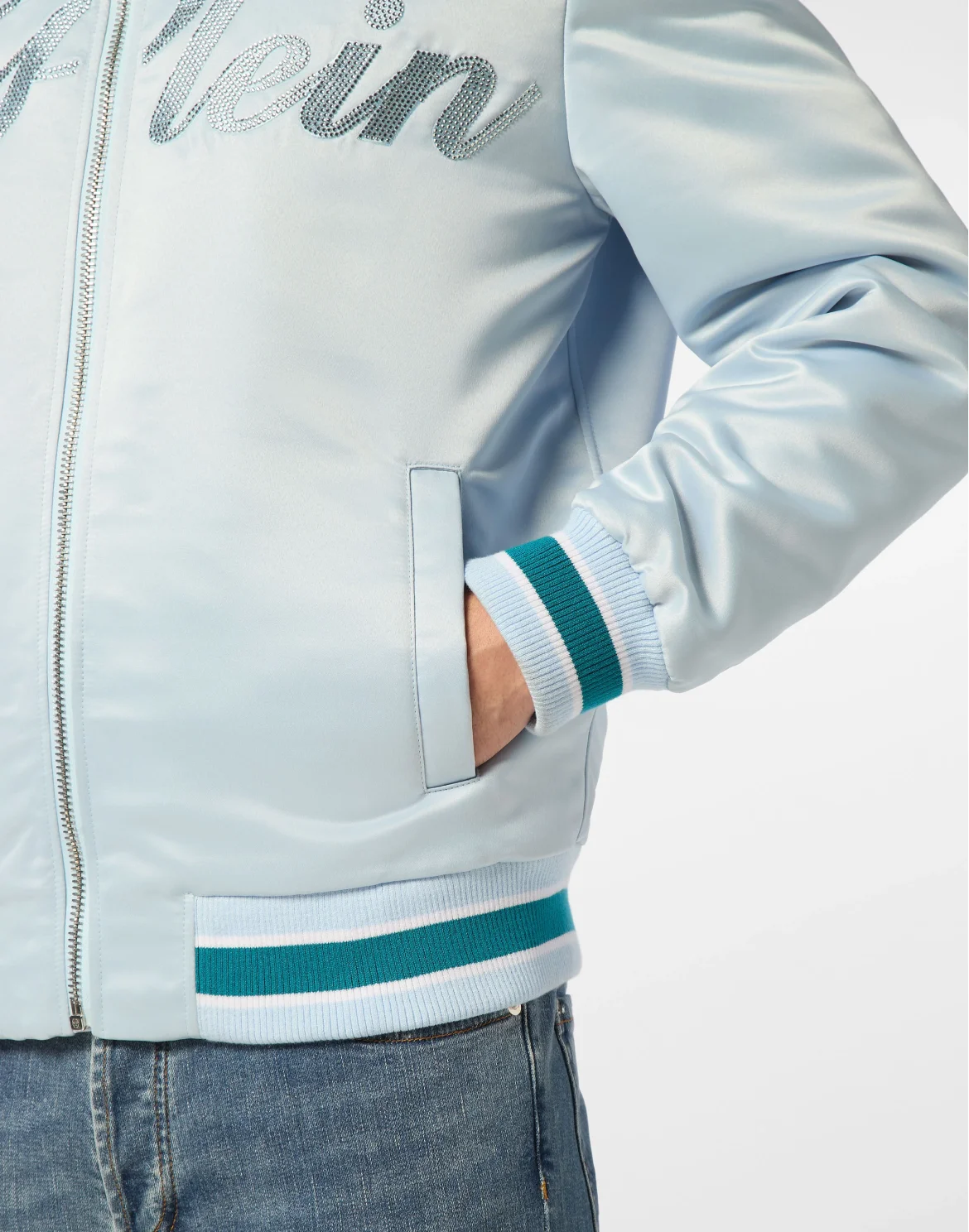 Satin Bomber Jacket Logo Strass, цвет: Голубой