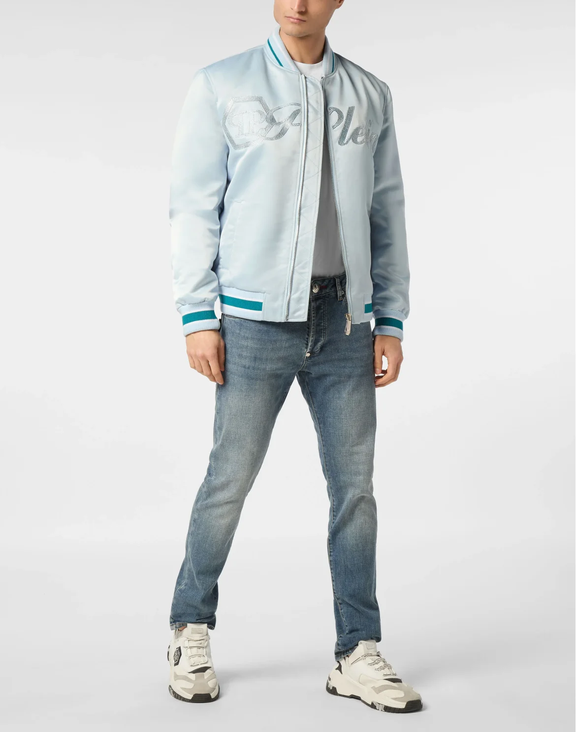 Satin Bomber Jacket Logo Strass, цвет: Голубой