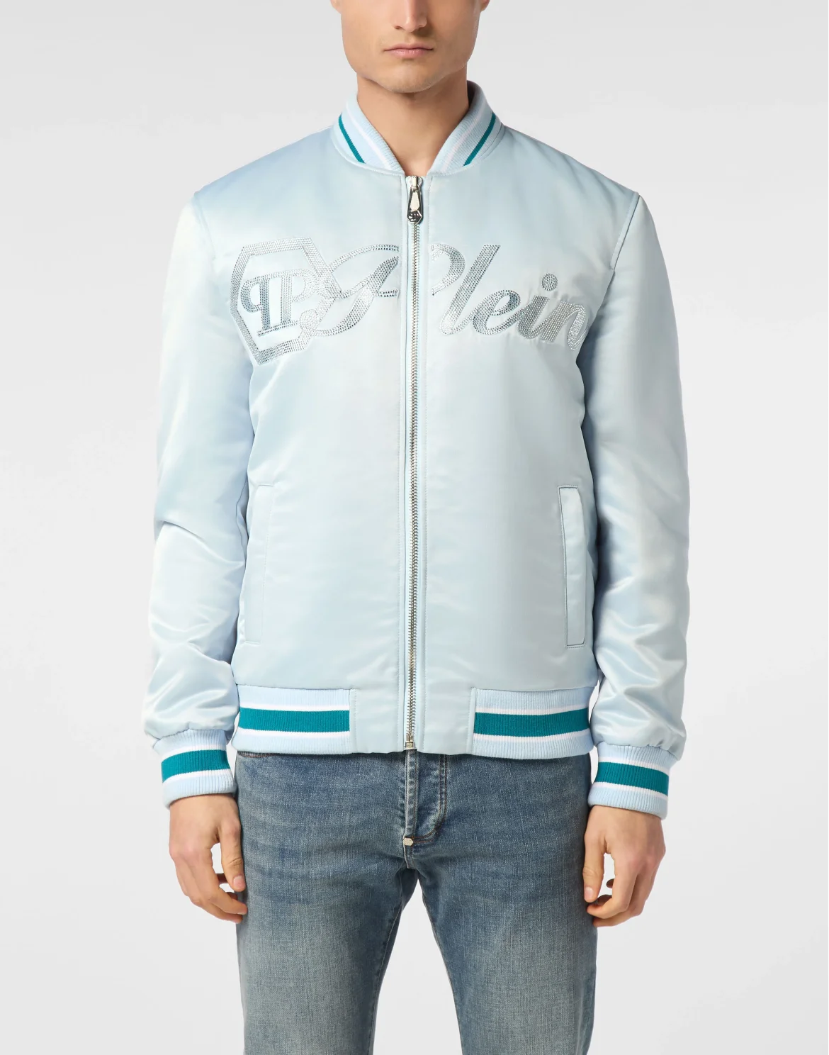 Satin Bomber Jacket Logo Strass, цвет: Голубой