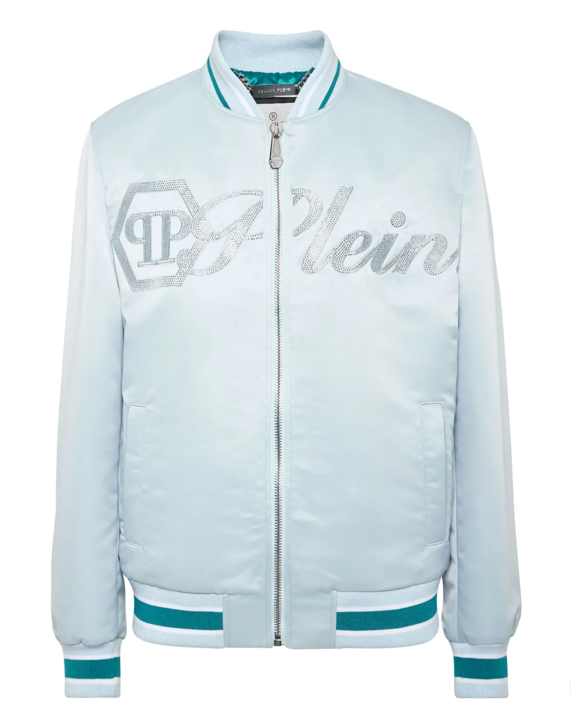 Satin Bomber Jacket Logo Strass, цвет: Голубой