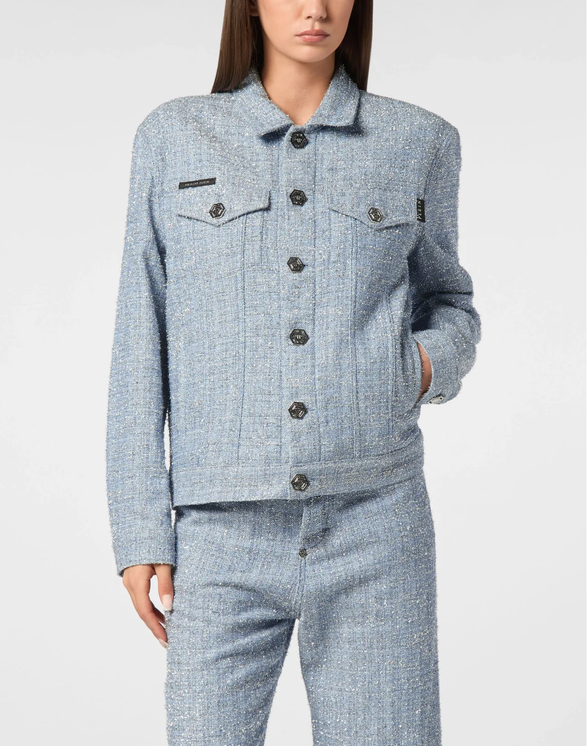 Tweed Denim Cropped Jacket, цвет: Синий