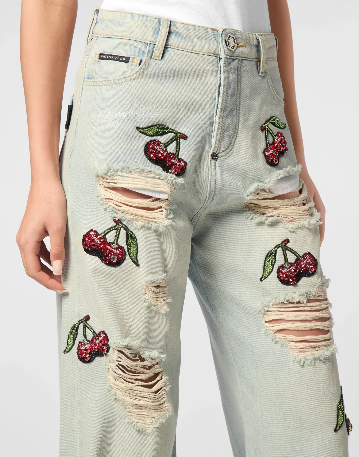Denim Trousers Skater Fit Cherries Destroyed, цвет: Голубой