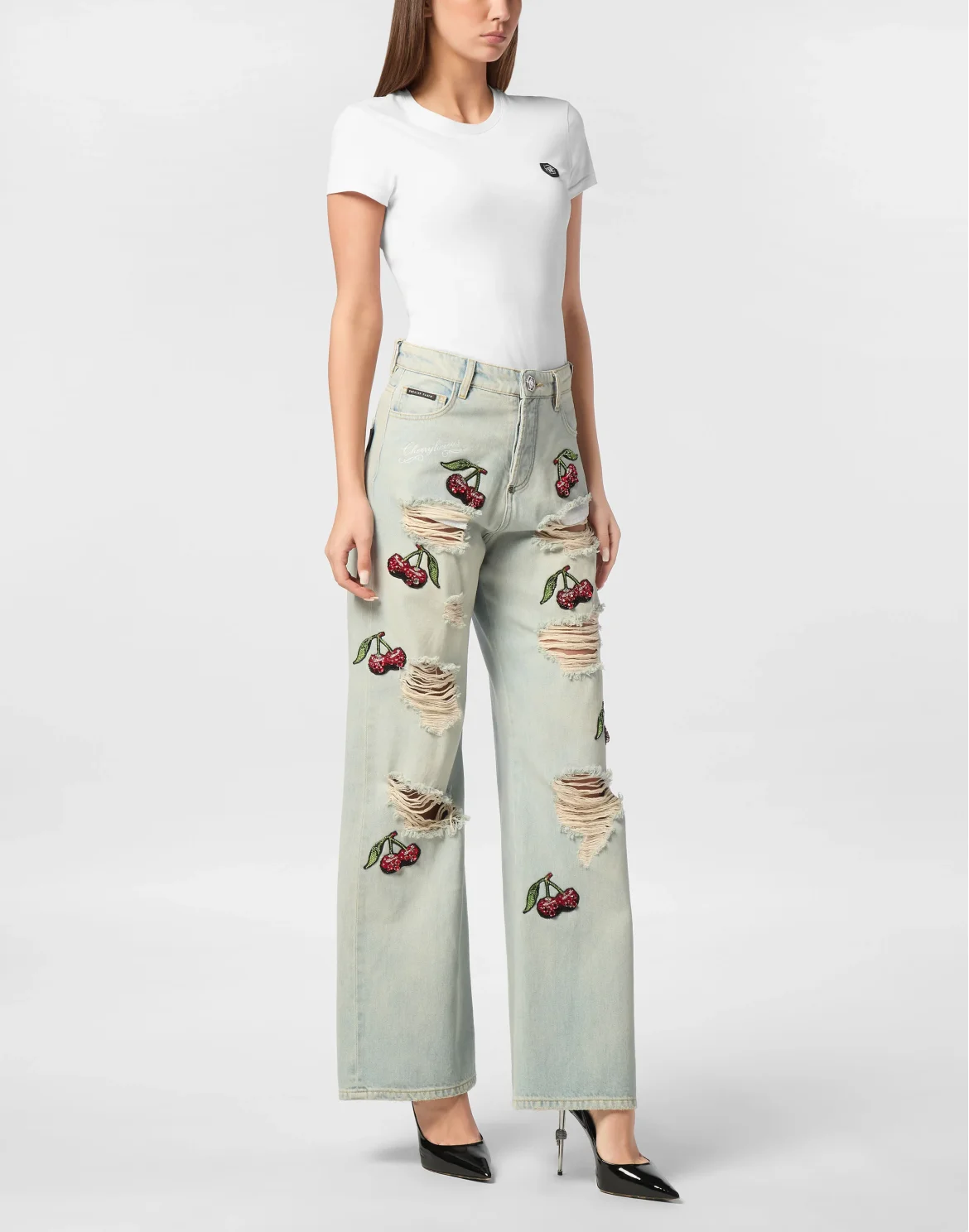 Denim Trousers Skater Fit Cherries Destroyed, цвет: Голубой
