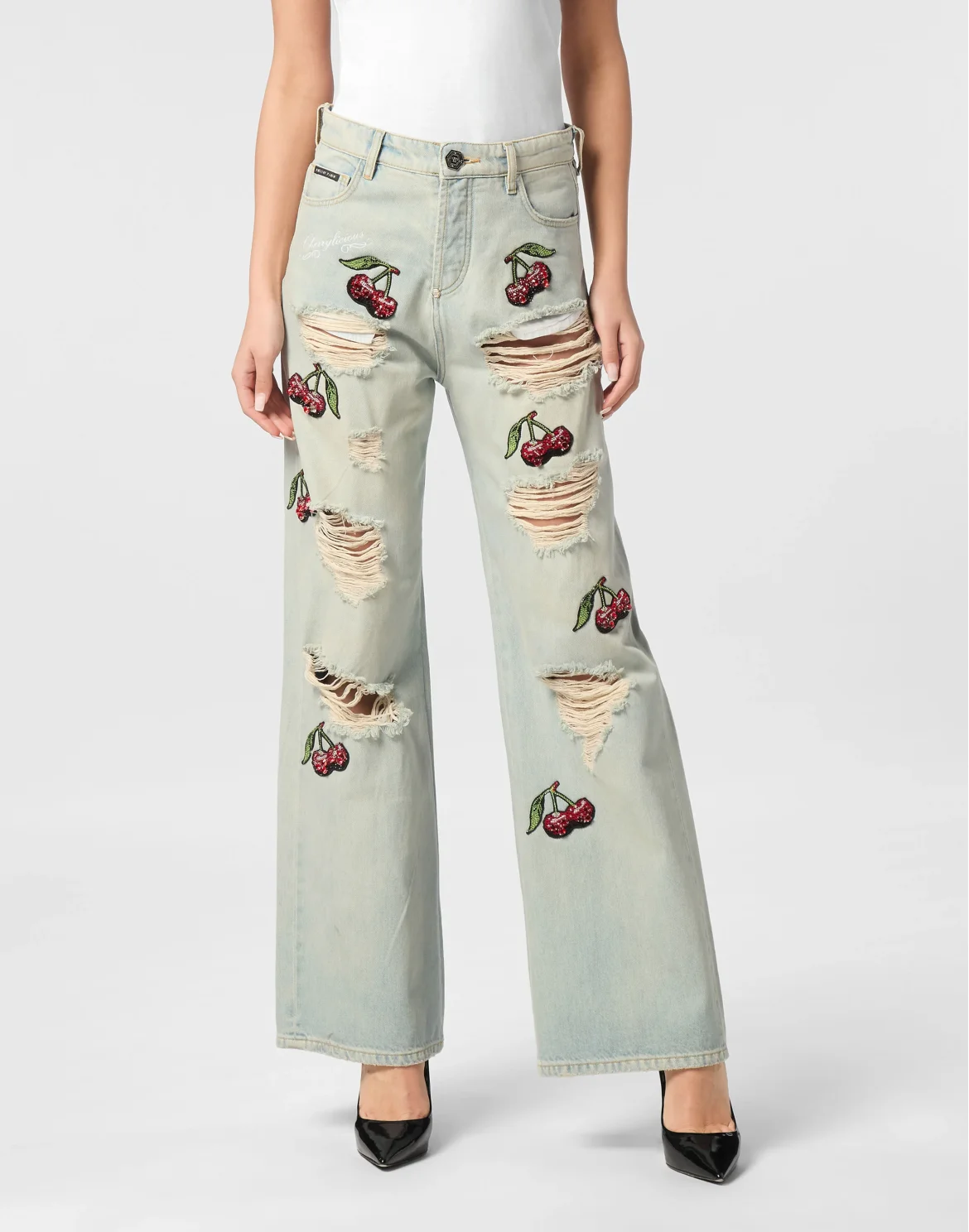 Denim Trousers Skater Fit Cherries Destroyed, цвет: Голубой