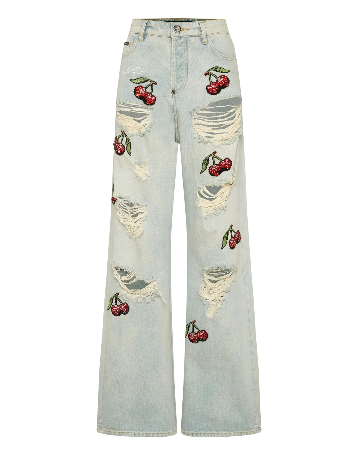 Denim Trousers Skater Fit Cherries Destroyed, цвет: Голубой