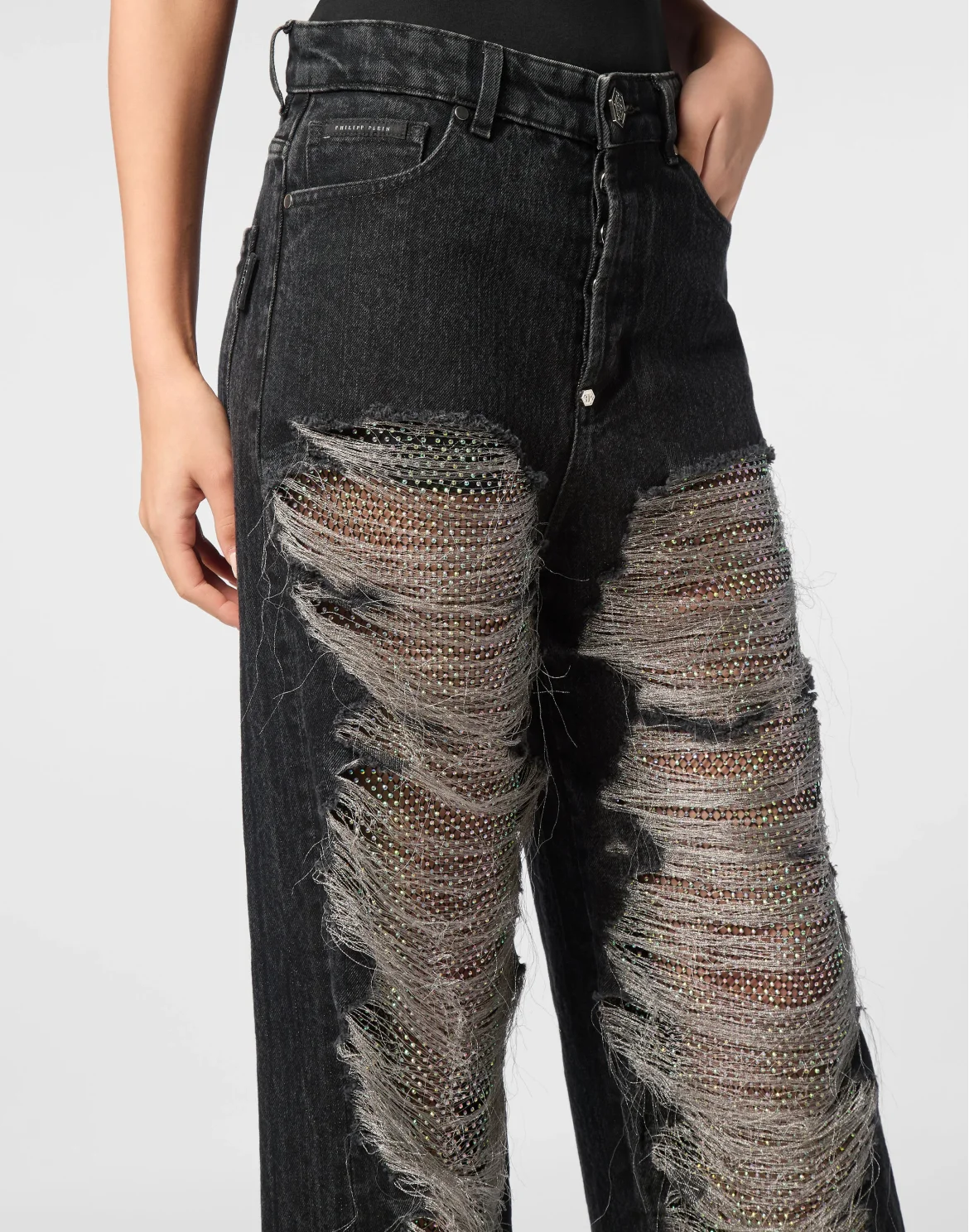 Mesh Strass Denim Trousers Skater Fit Ripped, цвет: Черный