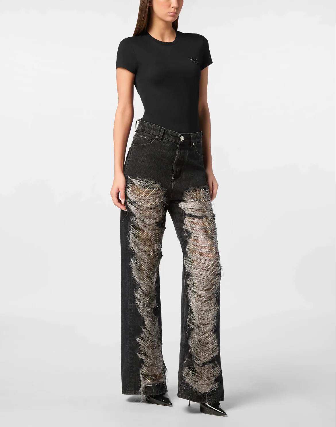 Mesh Strass Denim Trousers Skater Fit Ripped, цвет: Черный