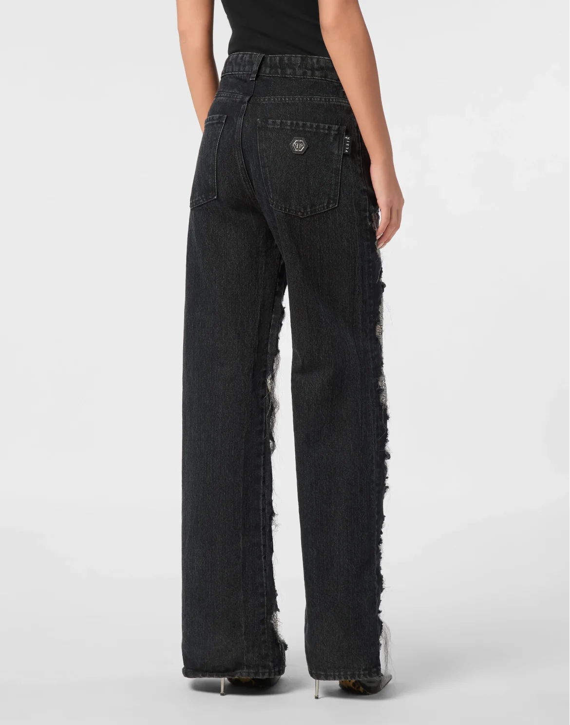 Mesh Strass Denim Trousers Skater Fit Ripped, цвет: Черный