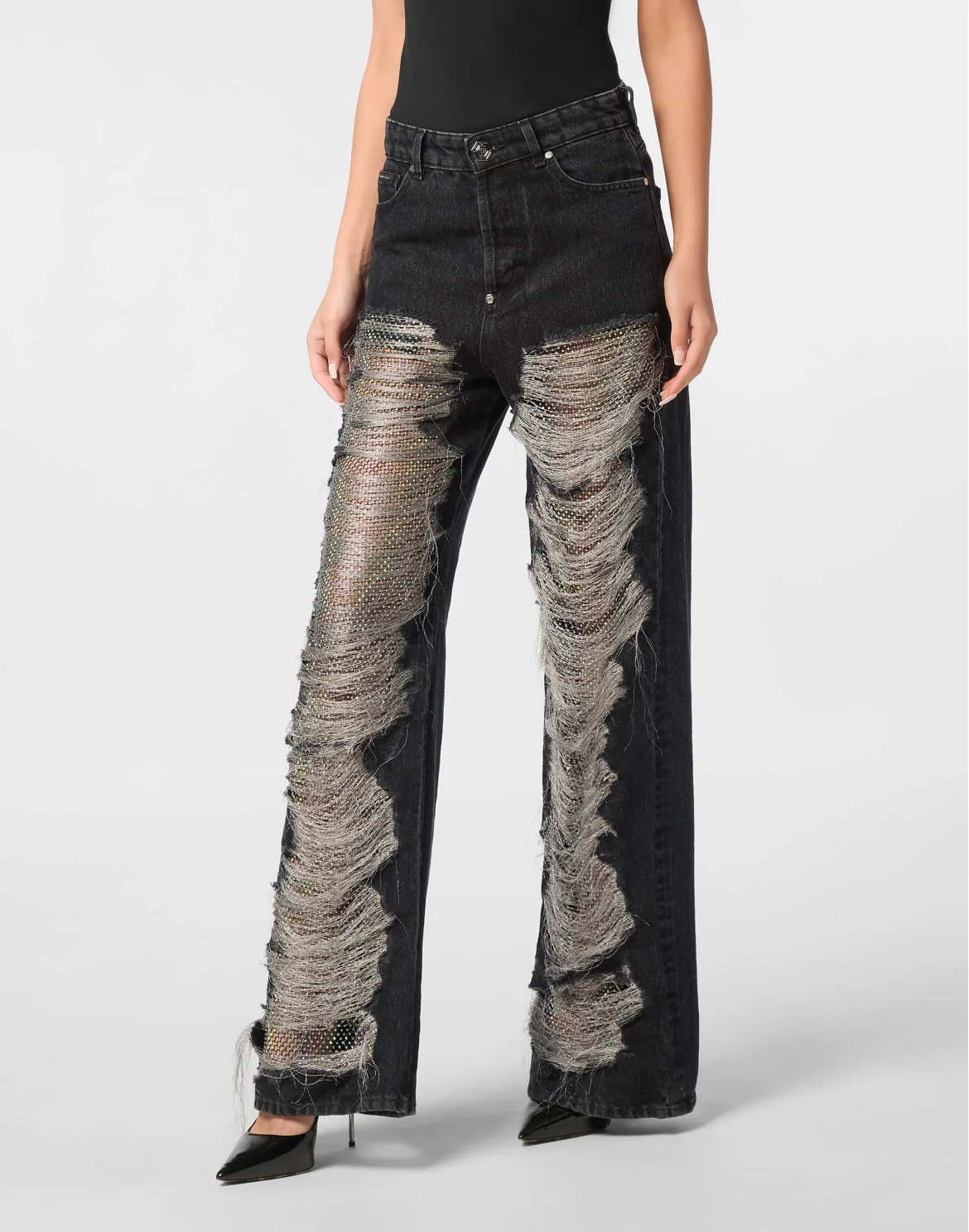 Mesh Strass Denim Trousers Skater Fit Ripped, цвет: Черный