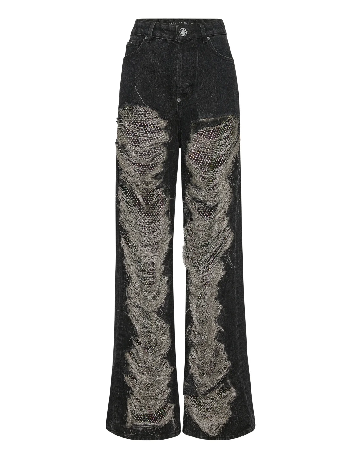 Mesh Strass Denim Trousers Skater Fit Ripped, цвет: Черный