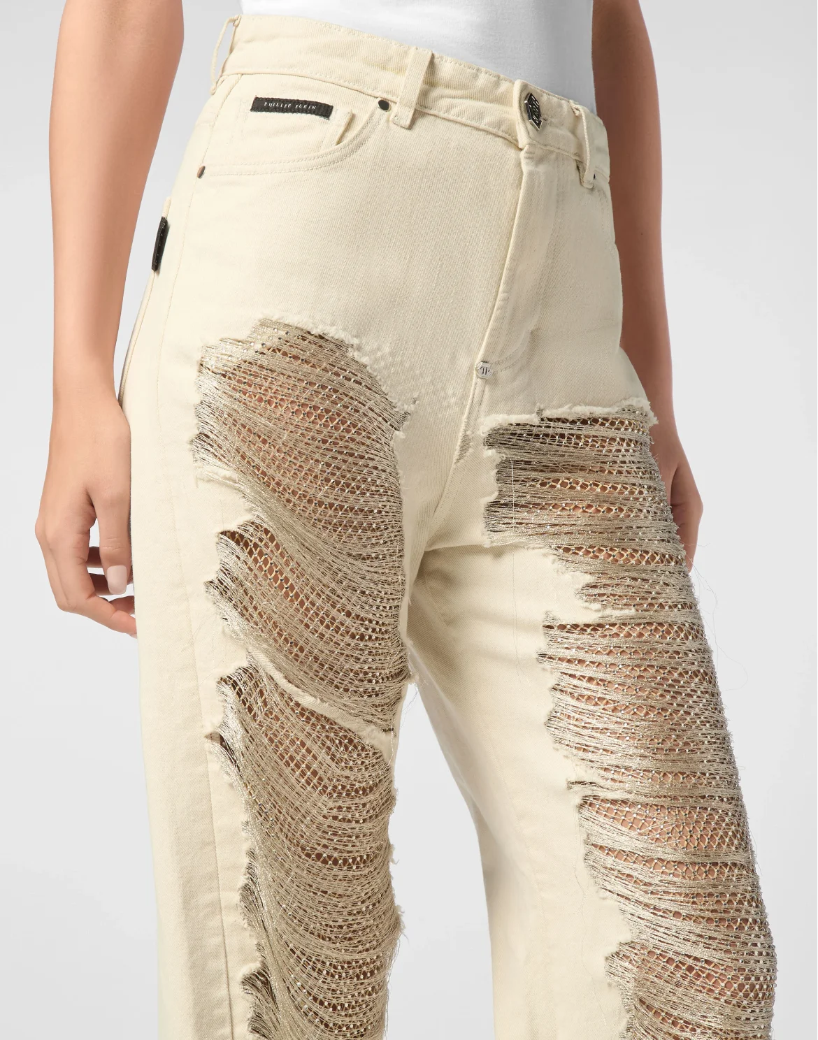 Mesh Strass Denim Trousers Skater Fit Ripped, цвет: Бежевый