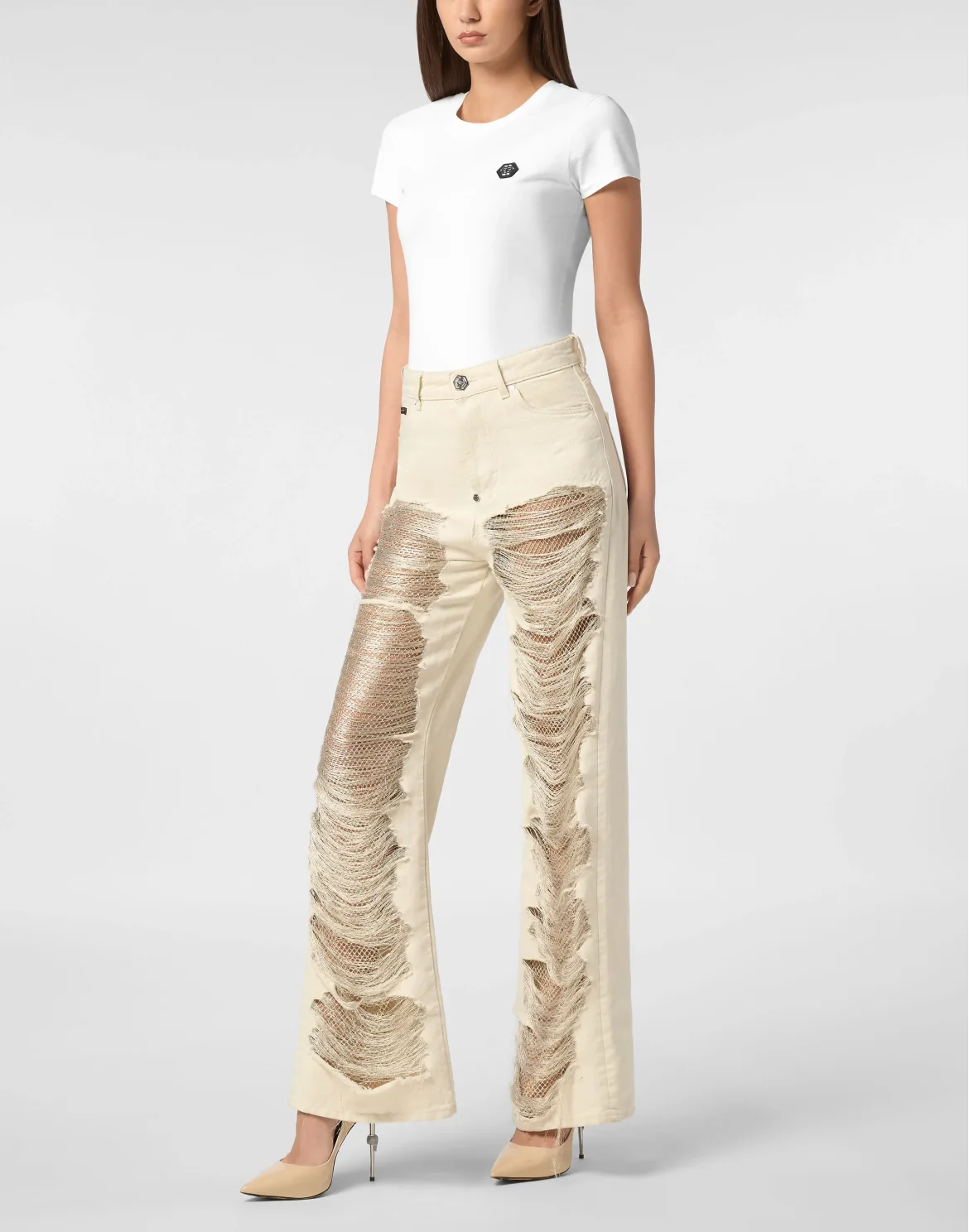 Mesh Strass Denim Trousers Skater Fit Ripped, цвет: Бежевый