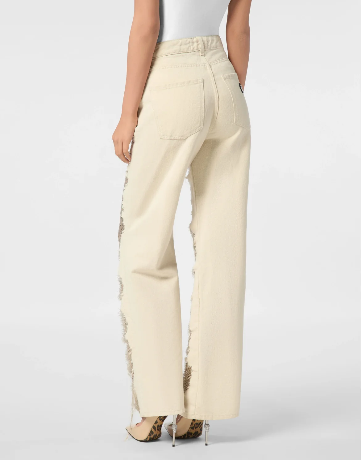 Mesh Strass Denim Trousers Skater Fit Ripped, цвет: Бежевый
