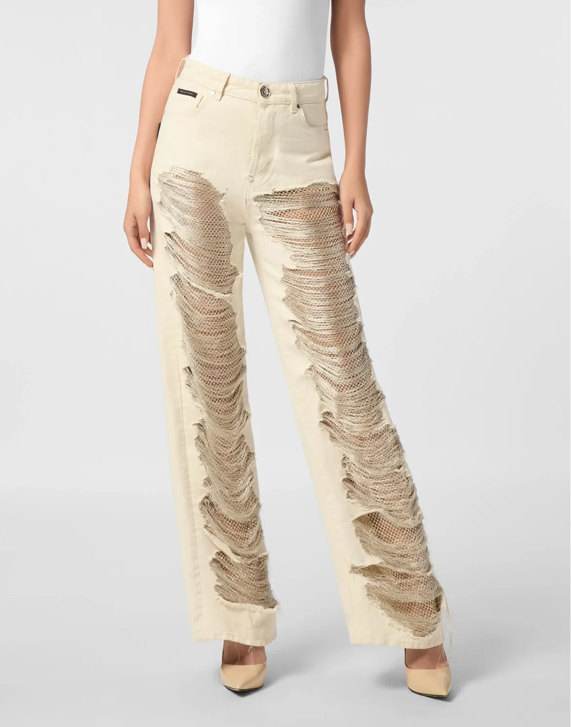 Mesh Strass Denim Trousers Skater Fit Ripped, цвет: Бежевый