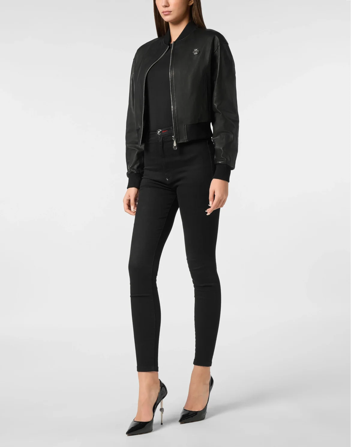 Leather Crop Bomber Jacket Vintage, цвет: Черный