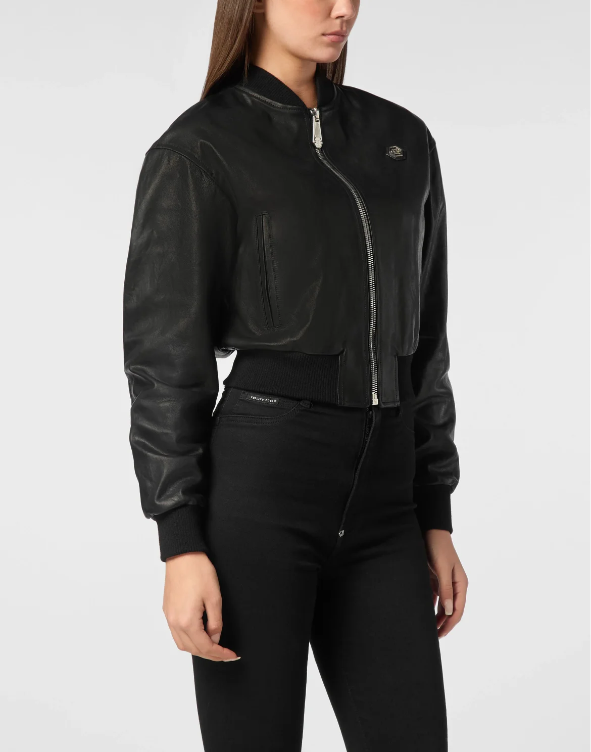 Leather Crop Bomber Jacket Vintage, цвет: Черный