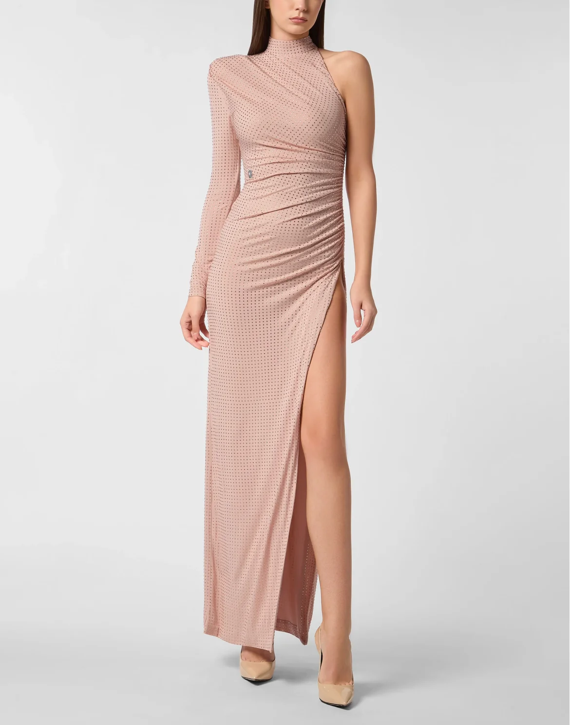 Jersey Long Dress Mono Sleeve Strass, цвет: Розовый