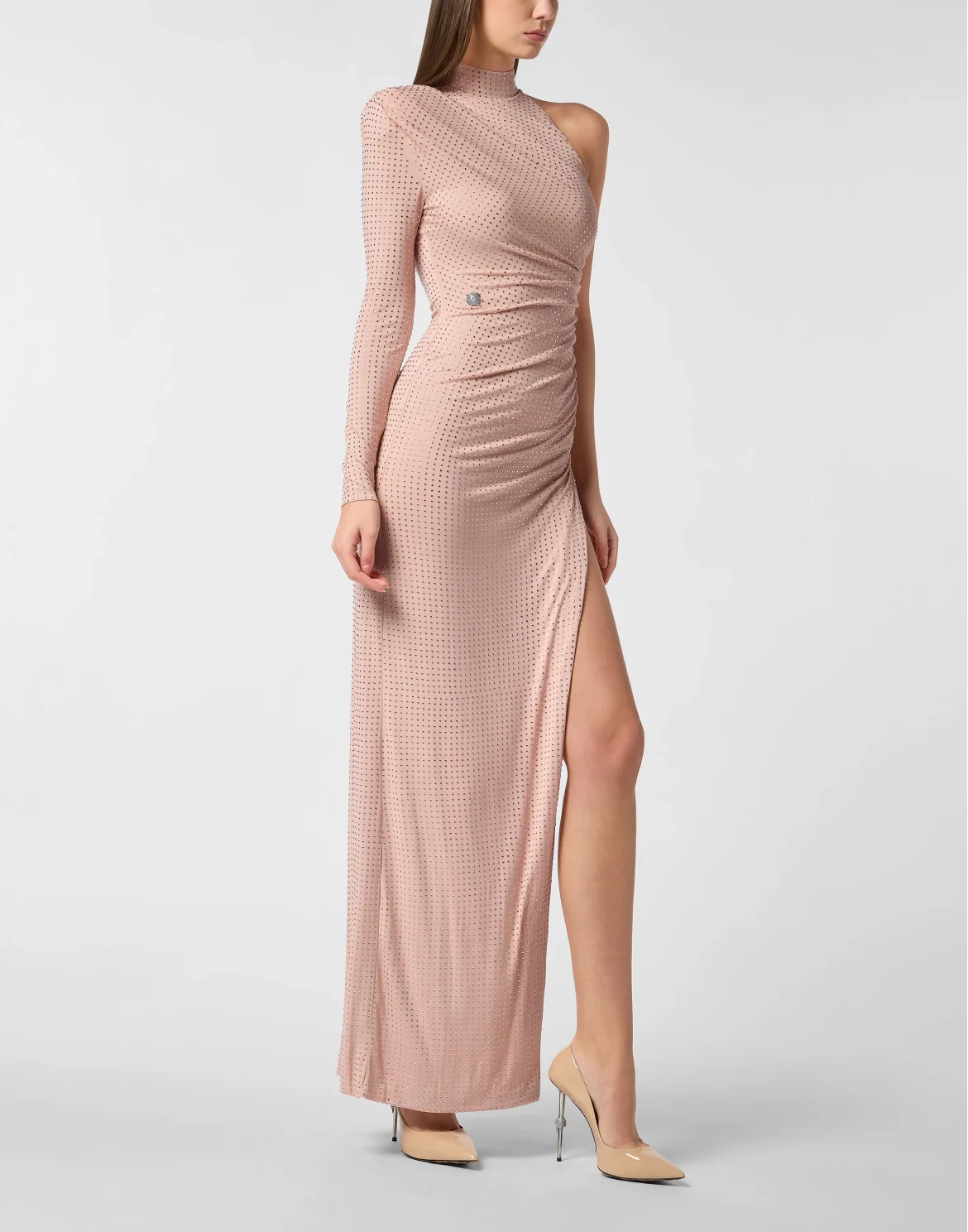 Jersey Long Dress Mono Sleeve Strass, цвет: Розовый