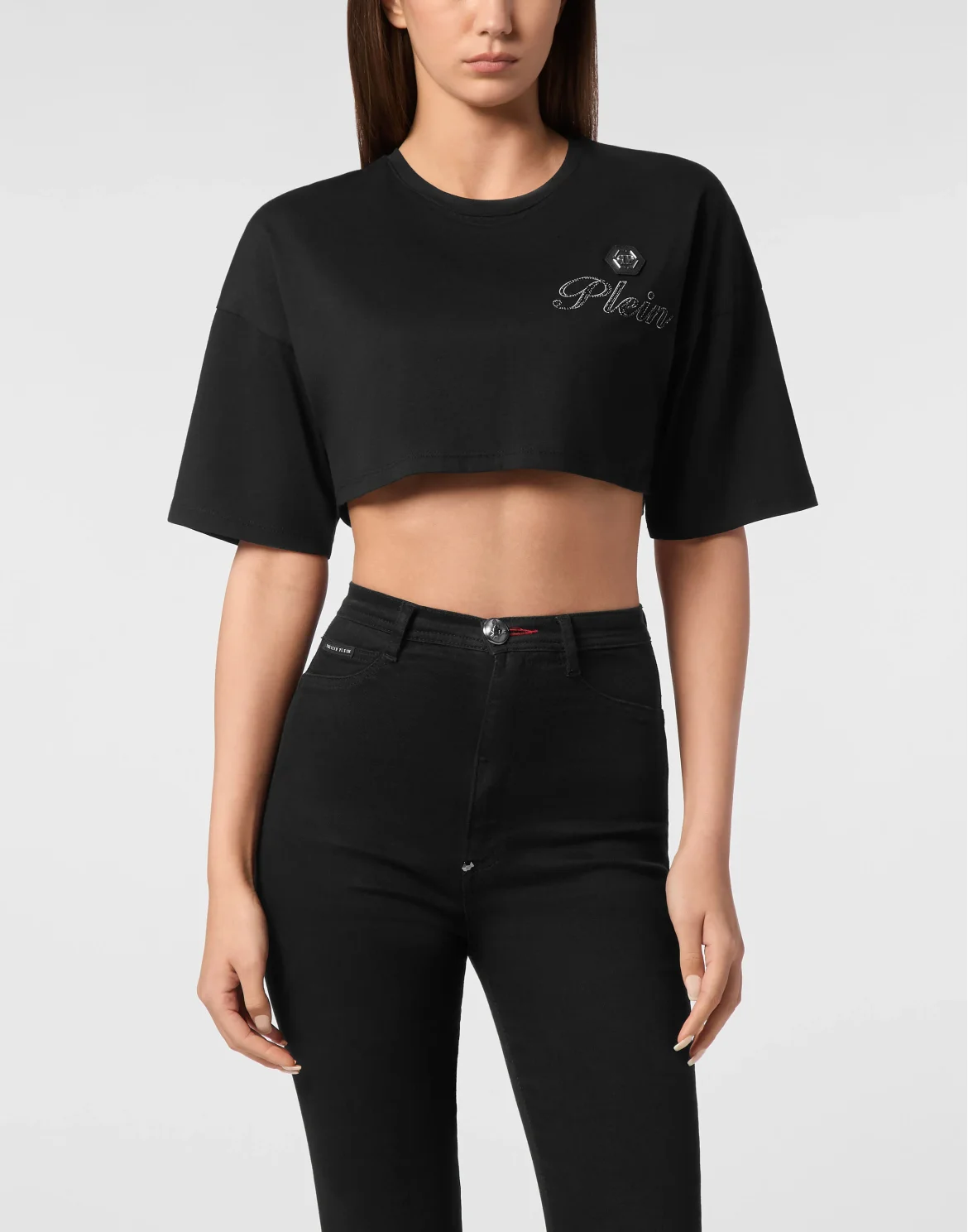 Jersey Cropped T-shirt Round Neck SS Italic Plein, цвет: Черный