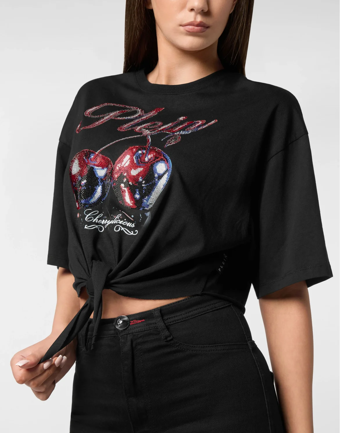 T-shirt Round Neck SS Bow Cropped Cherry, цвет: Черный