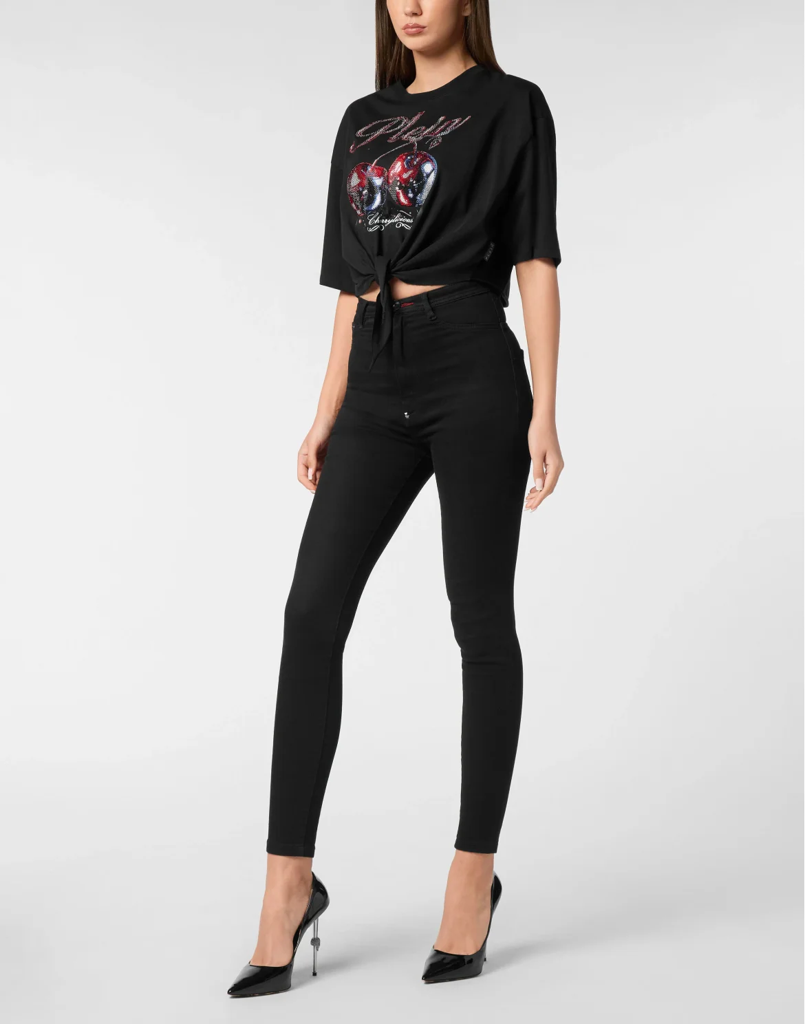 T-shirt Round Neck SS Bow Cropped Cherry, цвет: Черный