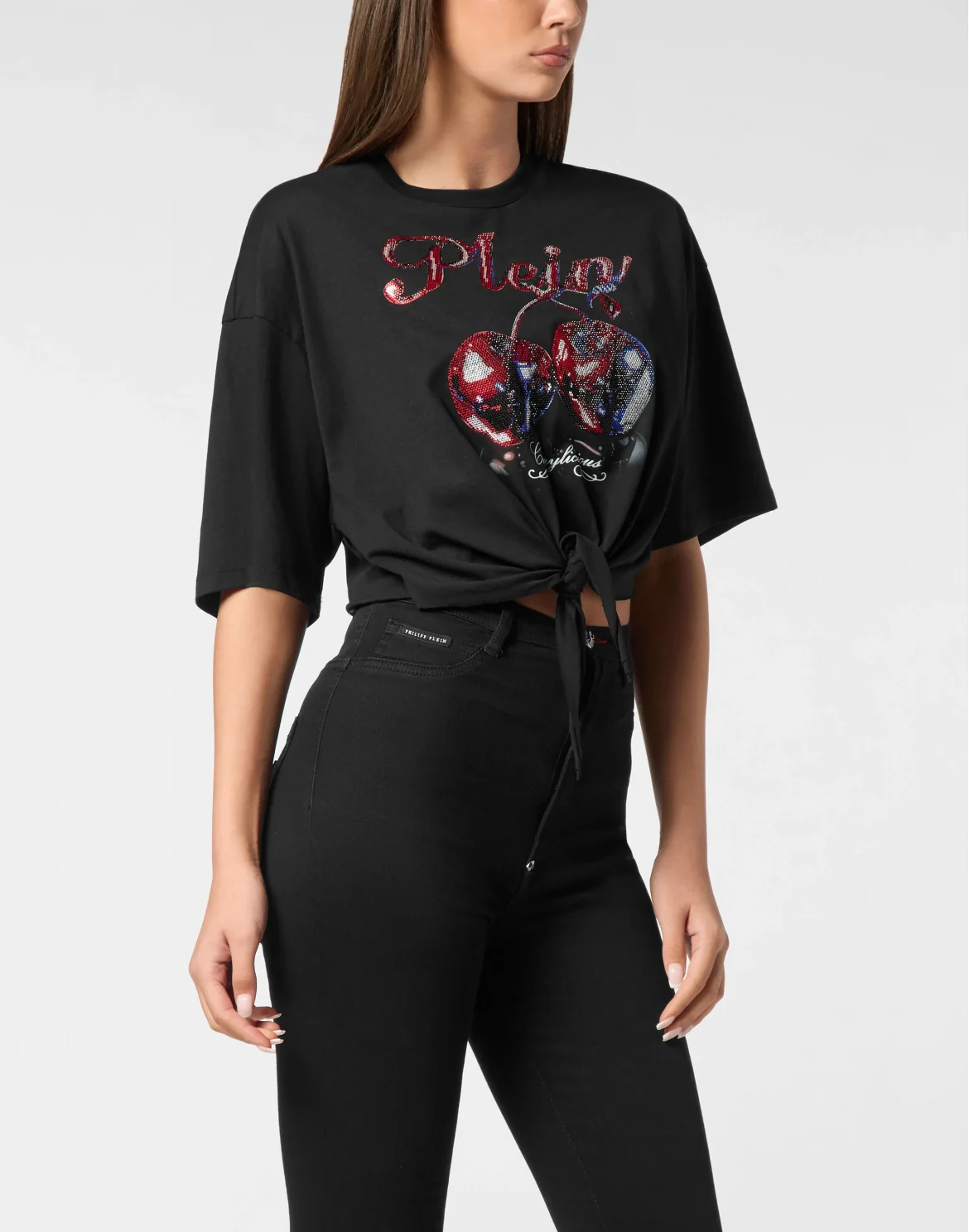 T-shirt Round Neck SS Bow Cropped Cherry, цвет: Черный