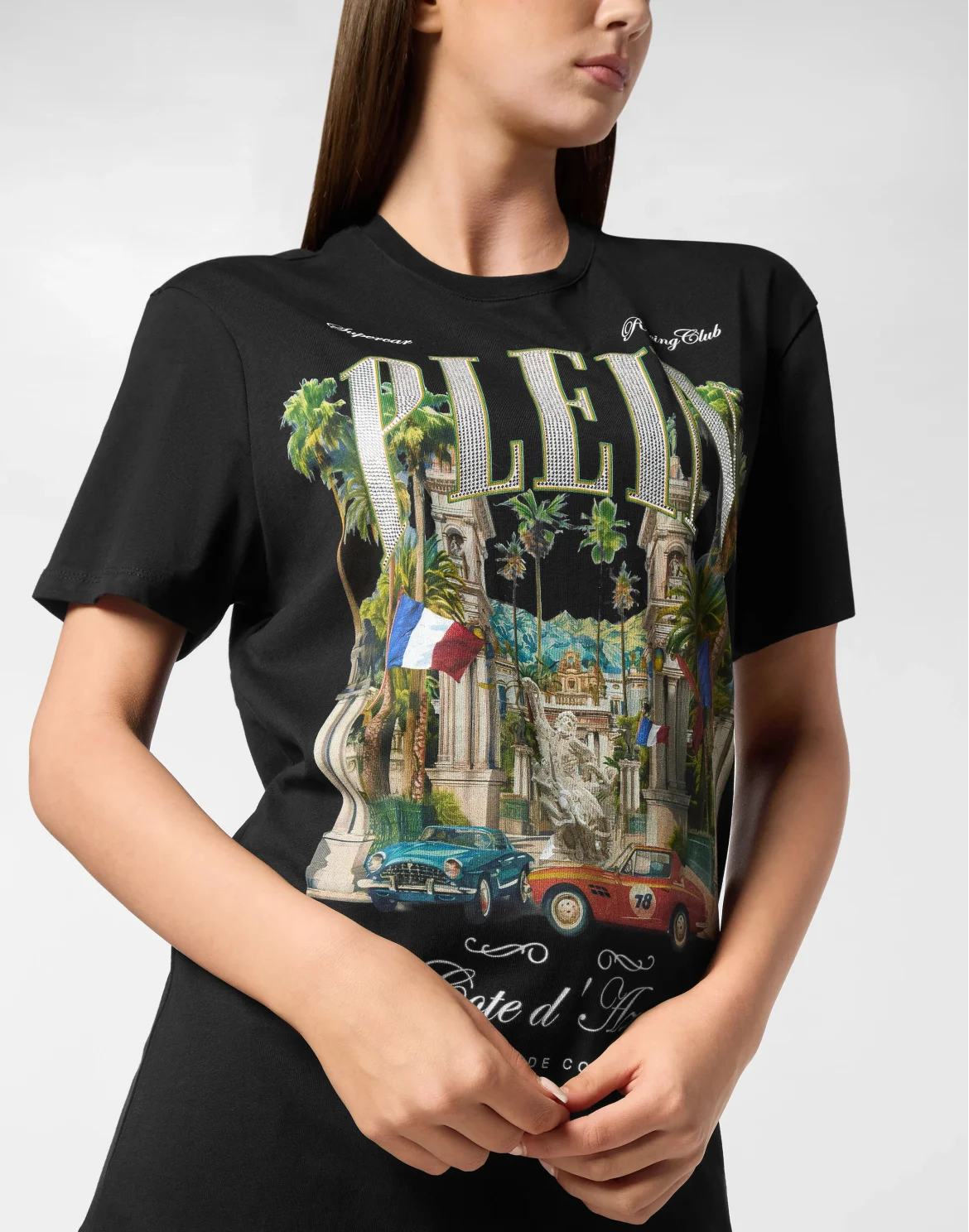 T-Shirt Sexy Pure Fit Vintage Racing Strass, цвет: Черный